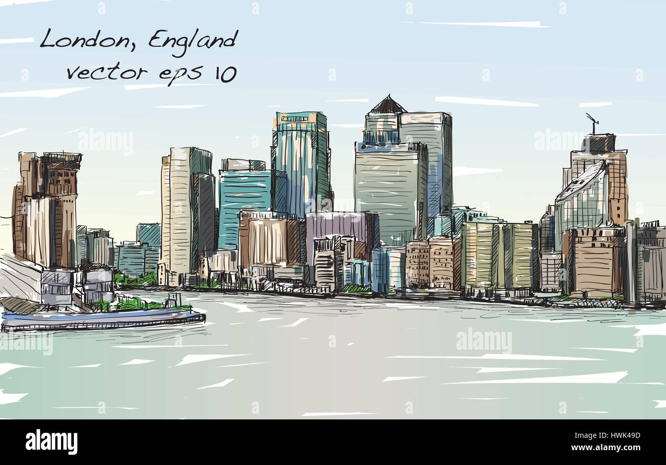 Schizzo cityscape di Londra, Inghilterra, visualizza skyline e gli edifici lungo il Tamigi, illustrazione vettore Illustrazione Vettoriale