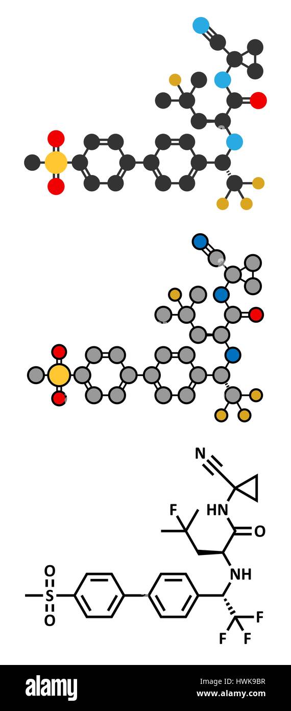 Odanacatib osteoporosi e metastasi ossee molecola di farmaco. Stilizzata 2D Rendering e tradizionale formula scheletrico. Inibitore della catepsina K. Illustrazione Vettoriale