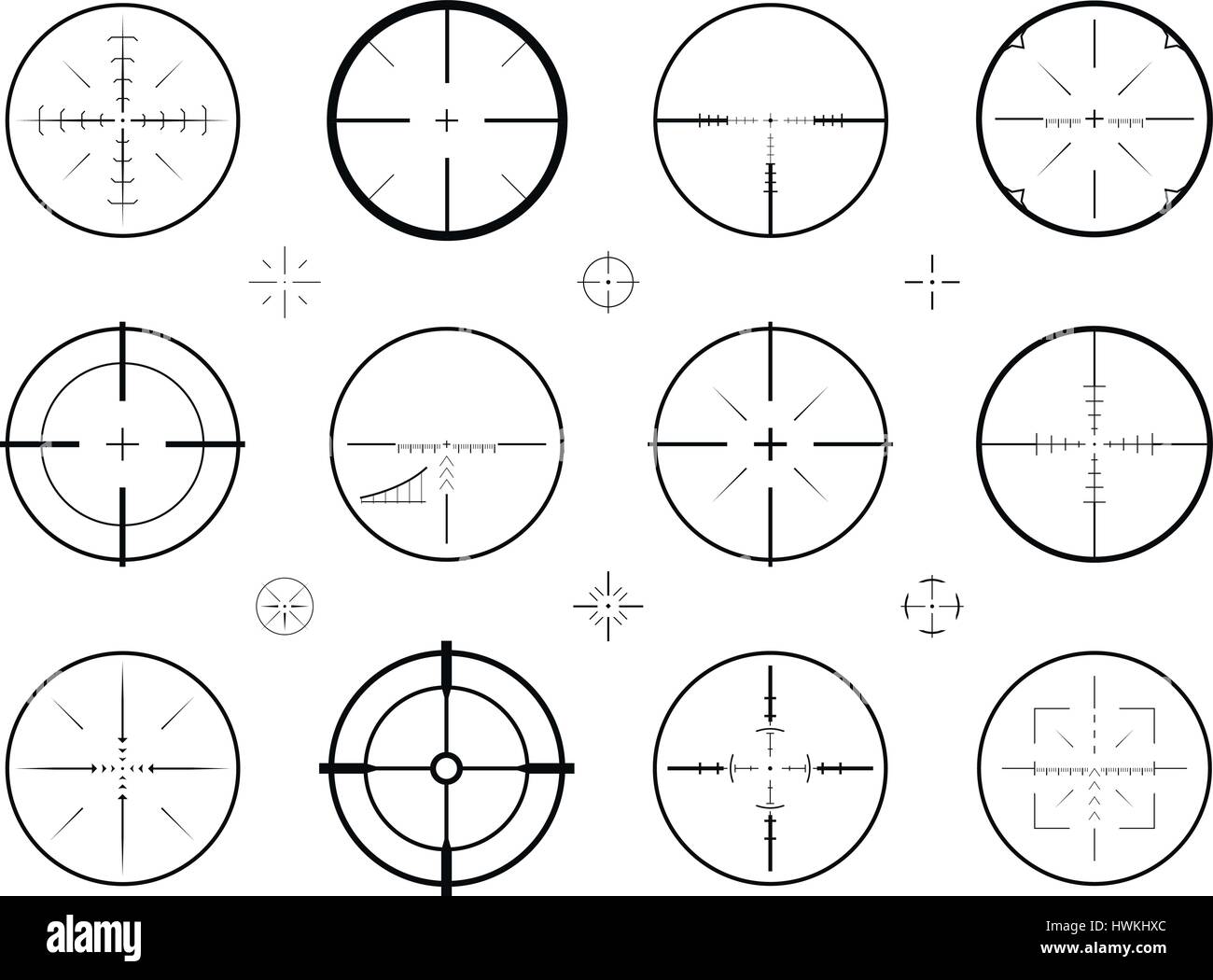 Target, vista sniper set di icone. Caccia, rifle scope, simbolo del mirino. Illustrazione Vettoriale Illustrazione Vettoriale