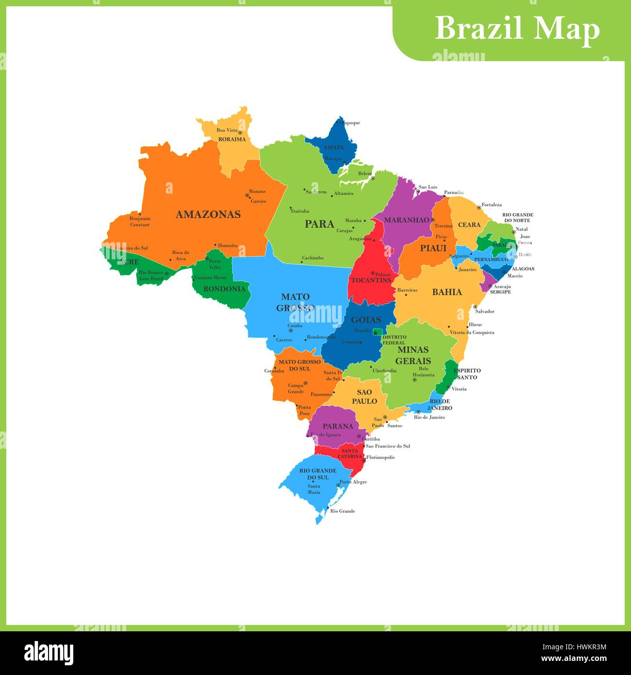 La mappa dettagliata del Brasile con le regioni o gli stati e le città capitali Illustrazione Vettoriale