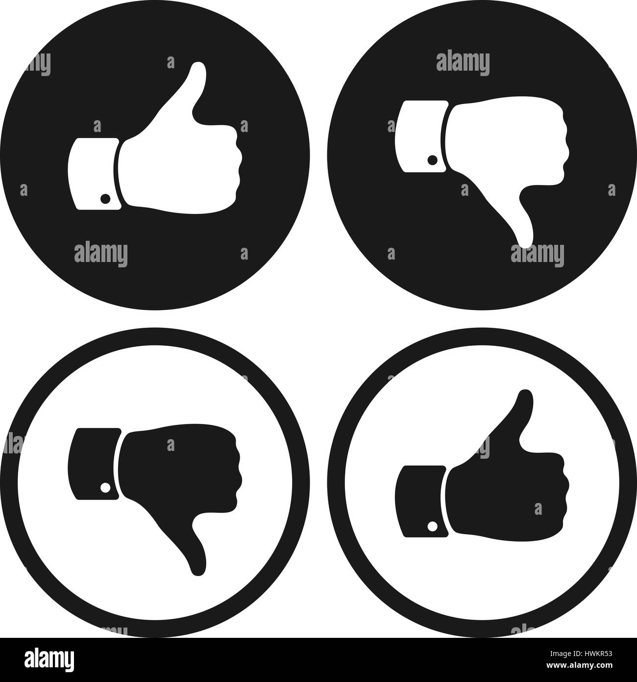 Pollice in su e in giù i simboli. Mano umana icona. Segno di simili e antipatia. Votazioni buone o cattive indicazioni Illustrazione Vettoriale