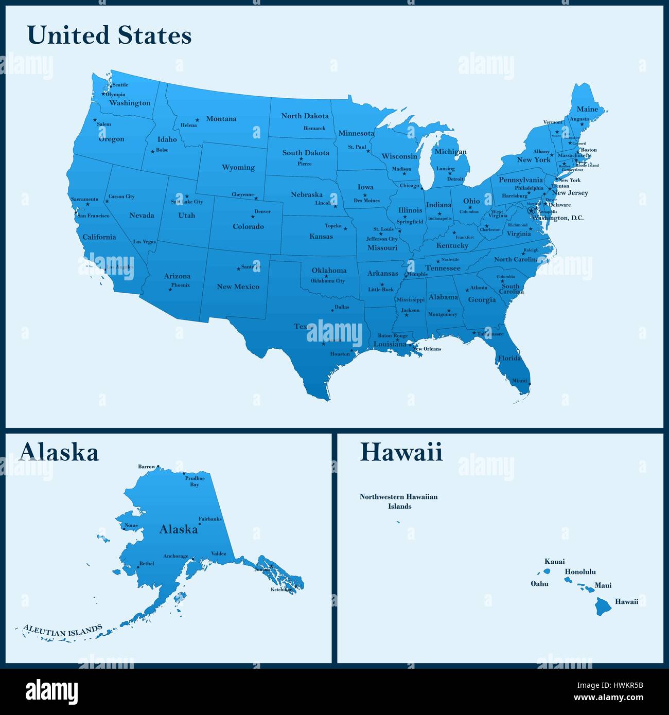 La mappa dettagliata degli Stati Uniti tra cui Alaska e Hawaii. Gli Stati Uniti d'America con le capitali e le maggiori città Illustrazione Vettoriale