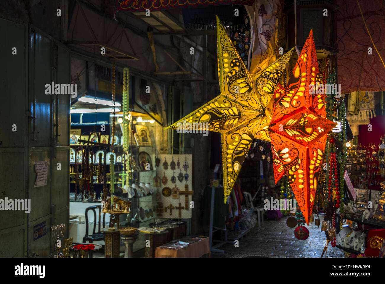 Negozi in Gerusalemme Quartiere Cristiano, Israele, Medio Oriente. Foto Stock