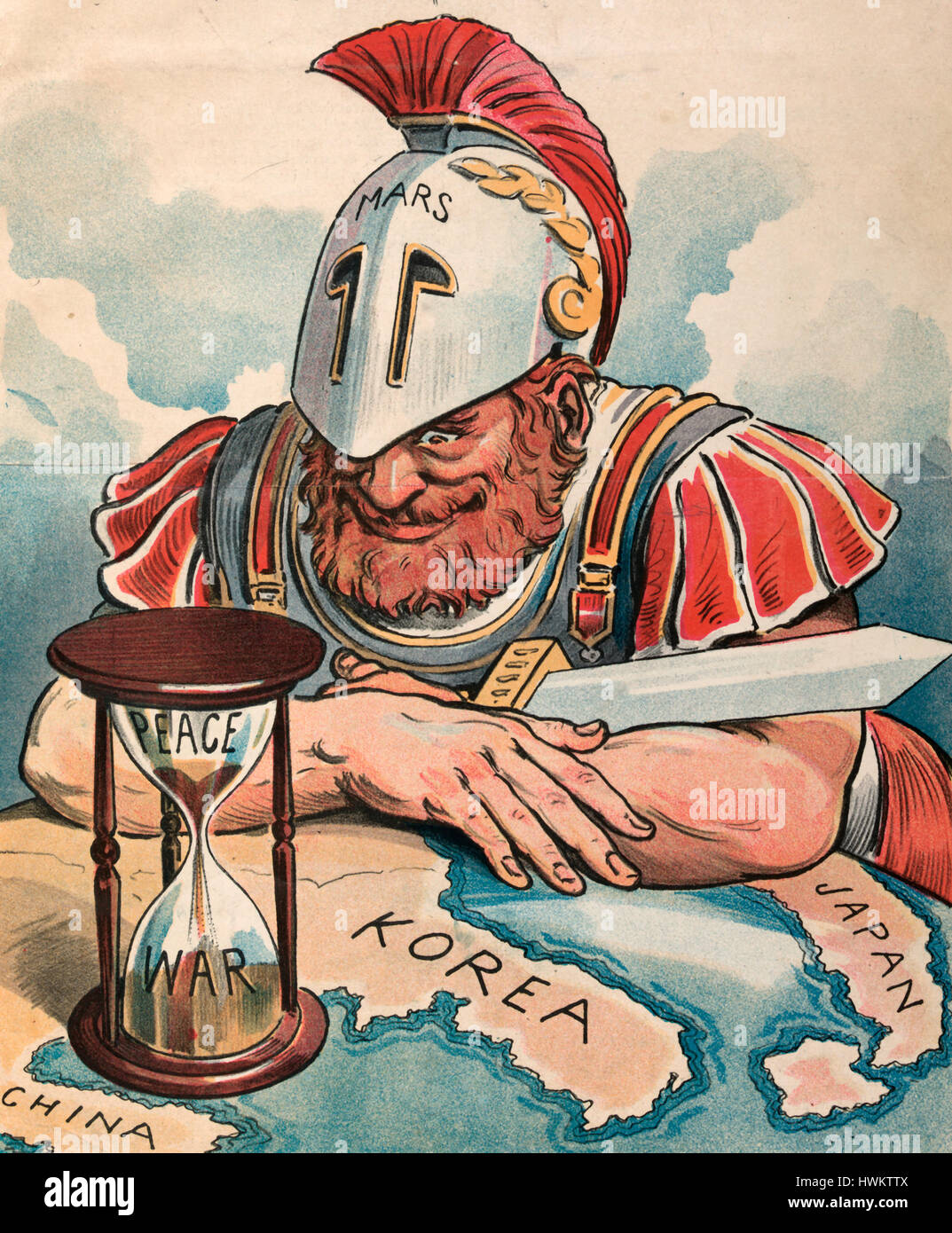Le Sabbie del Tempo - Illustrazione mostra Marte, il dio romano della guerra, attesa per la creazione di protocolli e l'occupazione giapponese di "Corea" deve essere completato prima che la sabbia in una clessidra shift da 'pace' a 'guerra'; " Cina " si siede tranquillamente sulla sinistra. 1904 Foto Stock