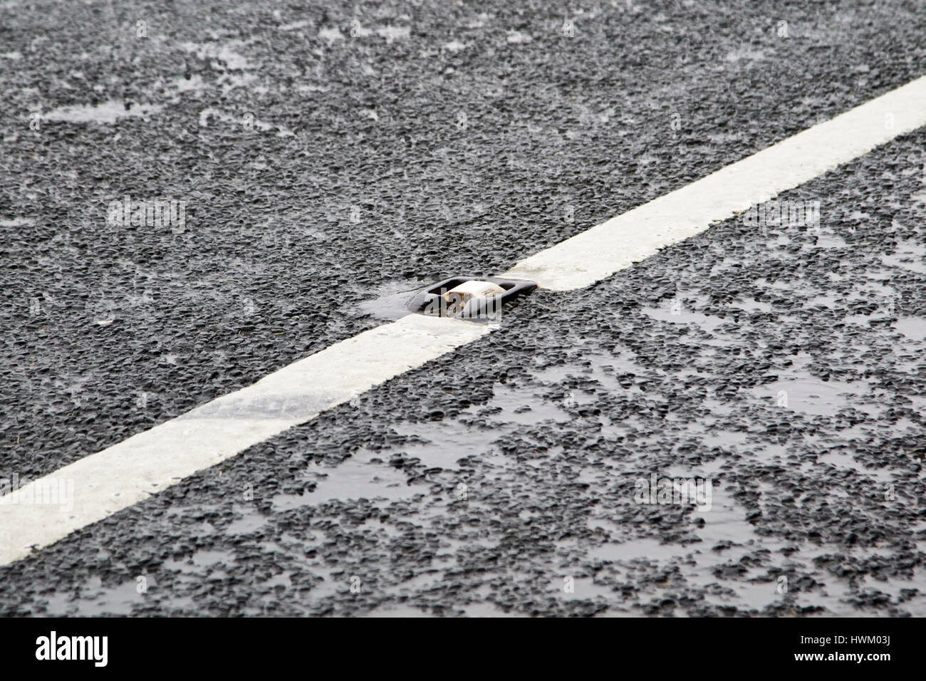 Cats Eye e la vernice bianca al centro di un umido irlandese strada rurale della contea di Sligo Foto Stock