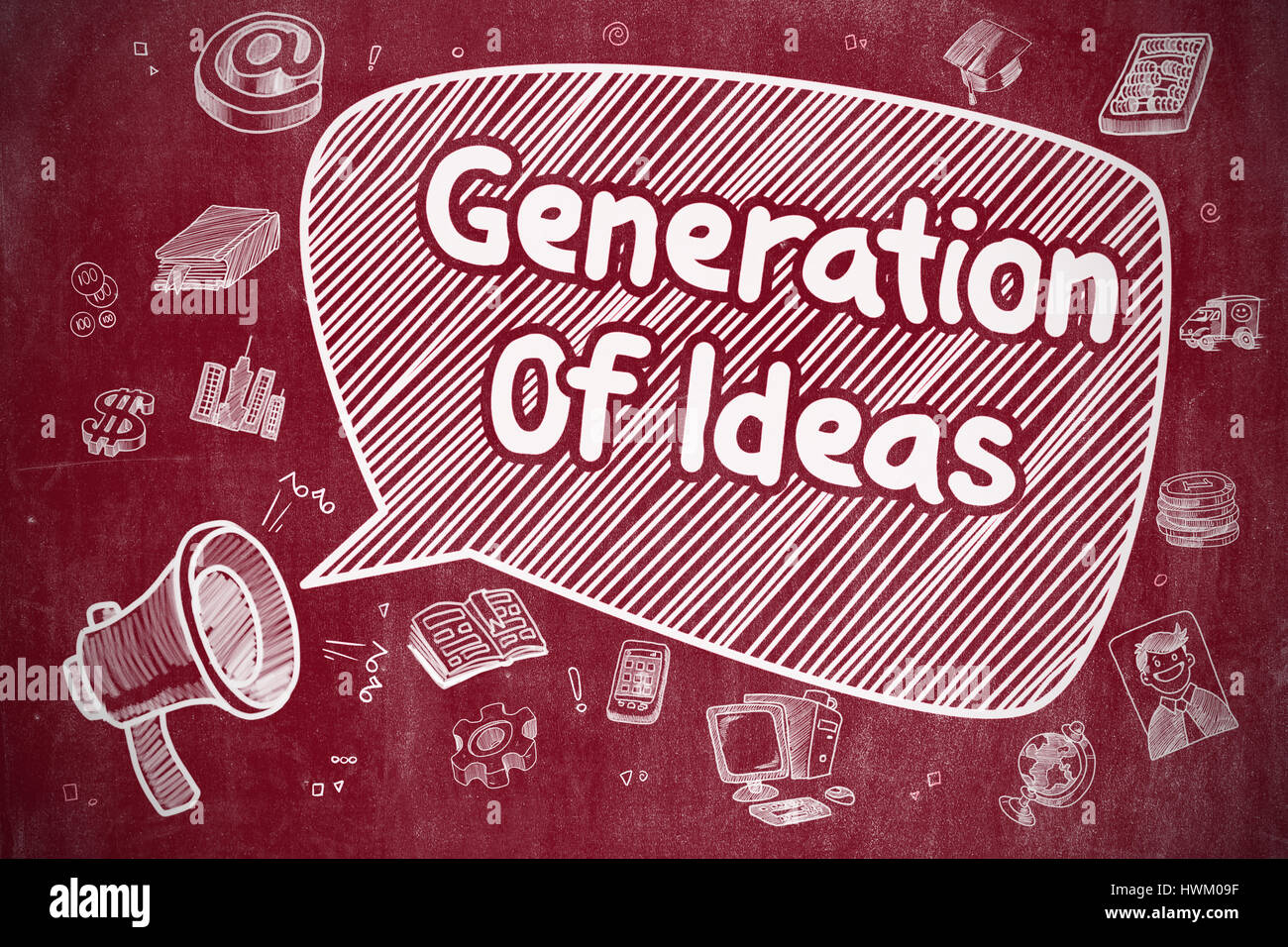 Generazione di Idee - Doodle illustrazione sulla lavagna rosso. Foto Stock