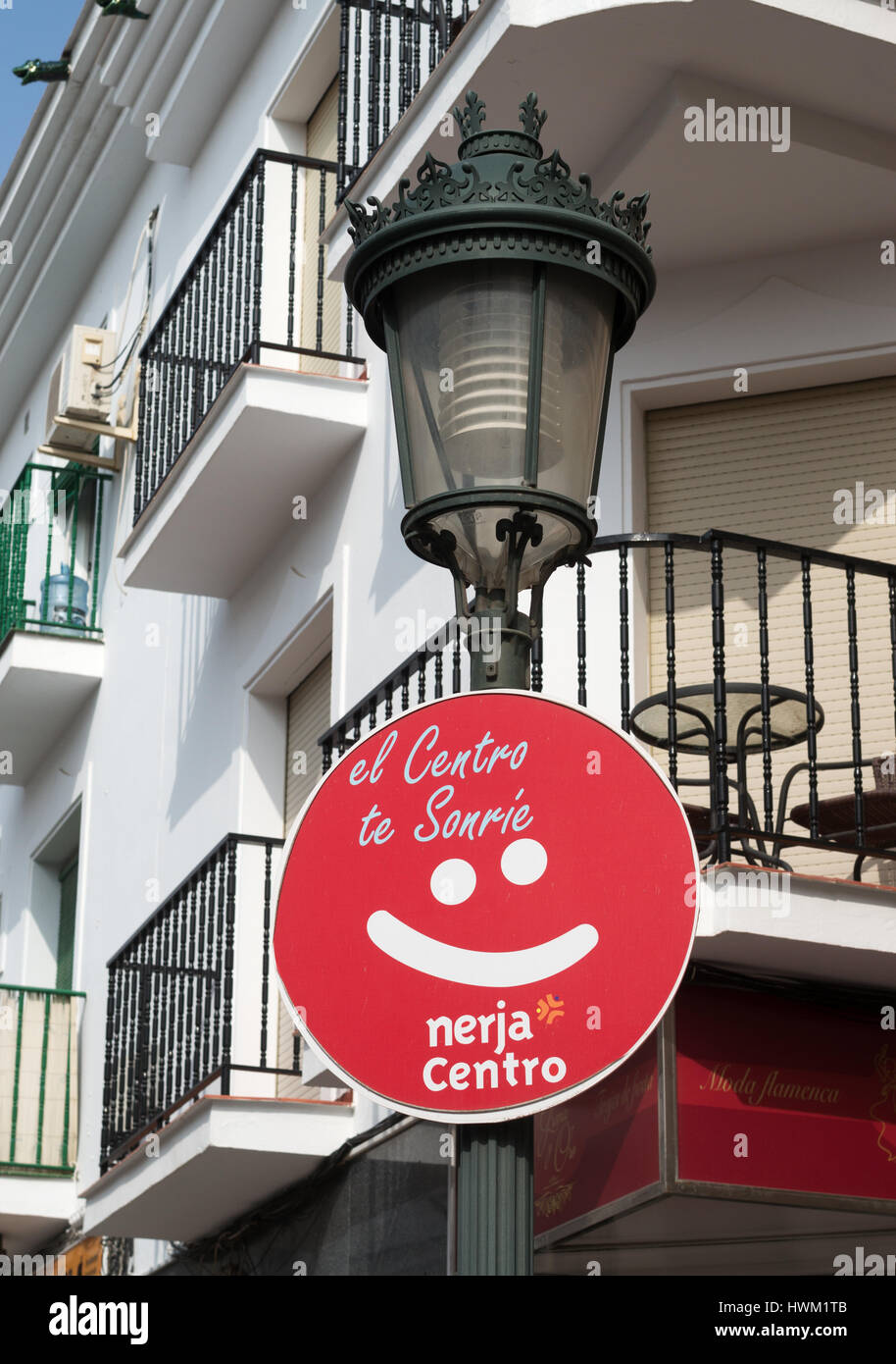 Segno insolito, centro ti sorride, Nerja, Andalusia, Spagna Foto Stock