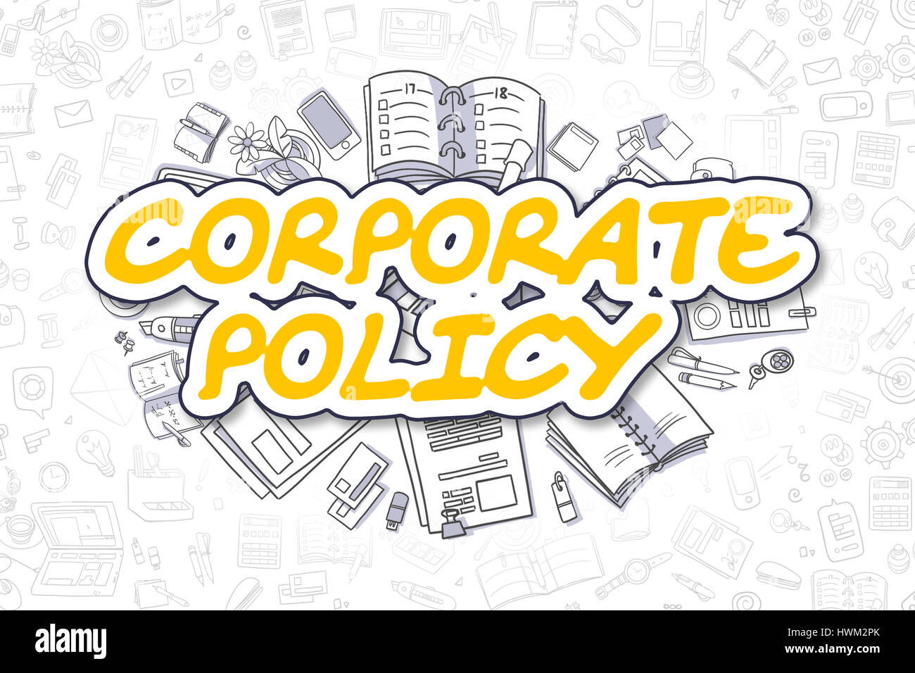 La politica aziendale - Doodle testo giallo. Il concetto di business. Foto Stock