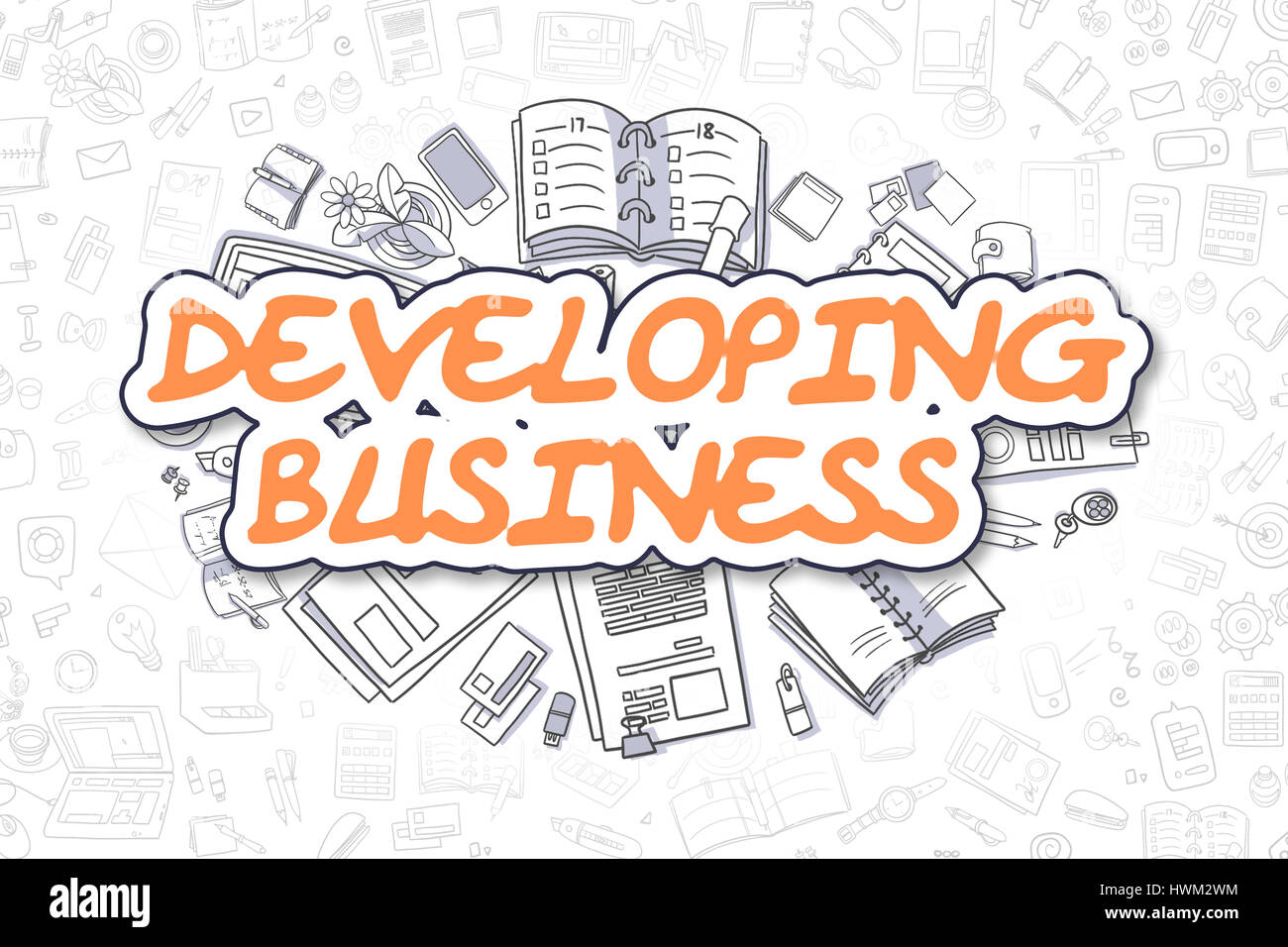 Sviluppo di business - Doodle Orange Word. Il concetto di business. Foto Stock