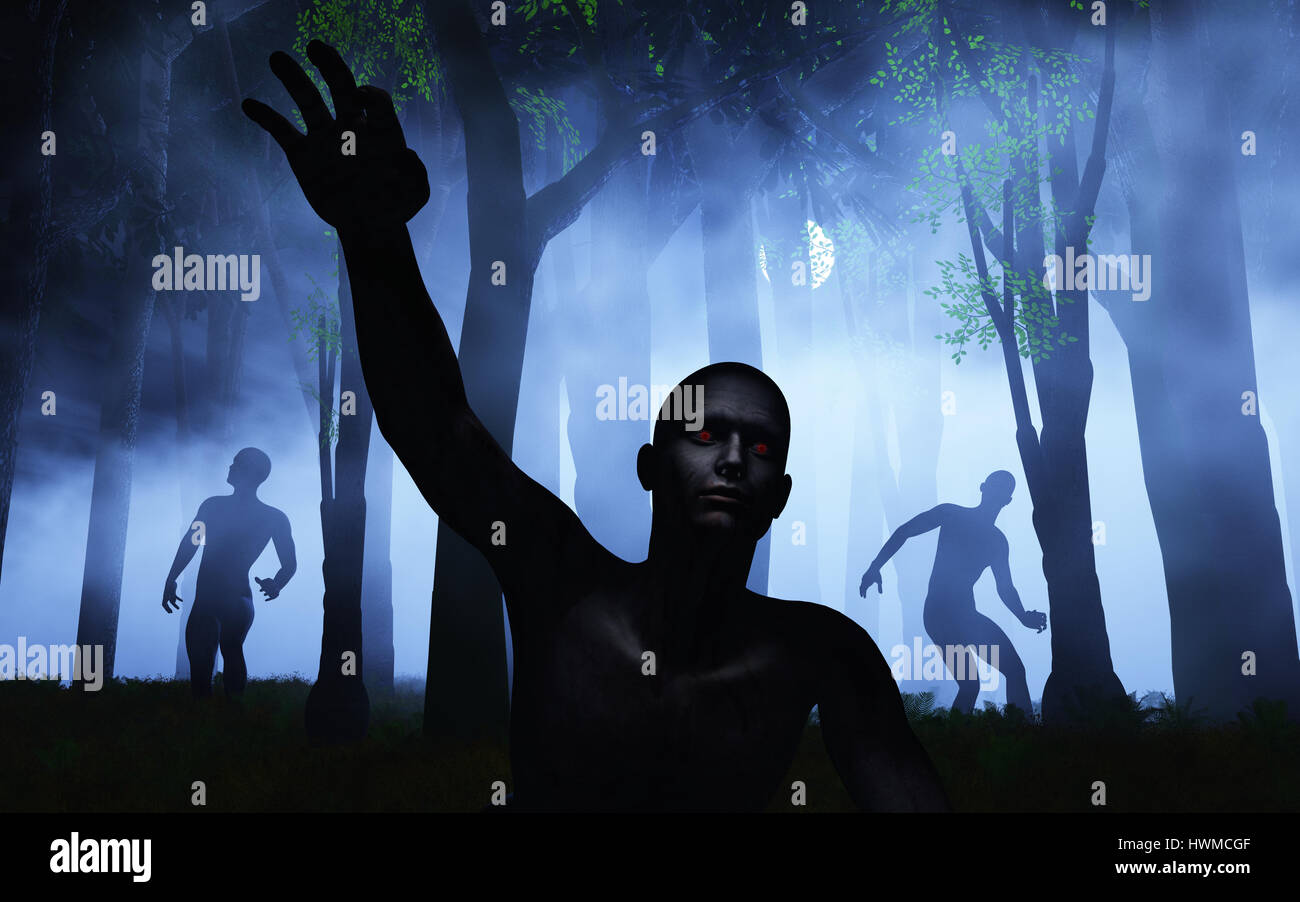 3D render di zombie in una nebbiosa foresta spooky Foto Stock