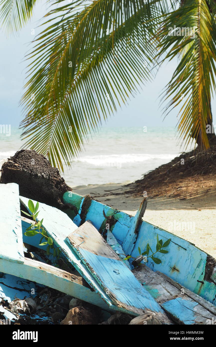 Vecchio turchese iat in barca alla spiaggia nel Mar dei Caraibi, Belize, America centrale e Antille Foto Stock