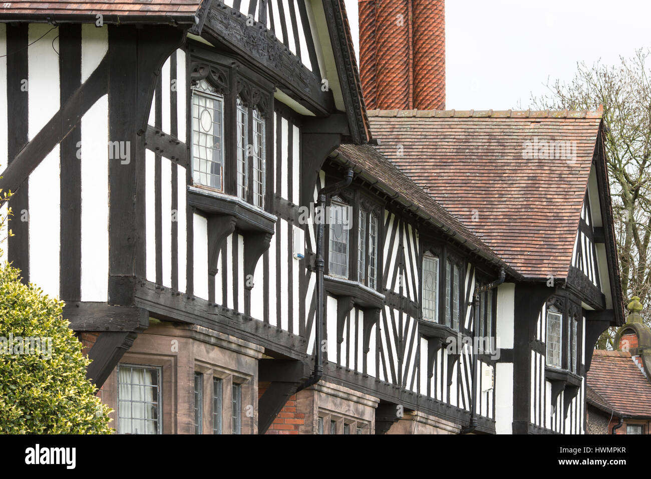 Port Sunlight - un modello di villaggio e borgo nel Metropolitan Borough of Wirral, Merseyside. In bianco e nero in stile tudor case Foto Stock