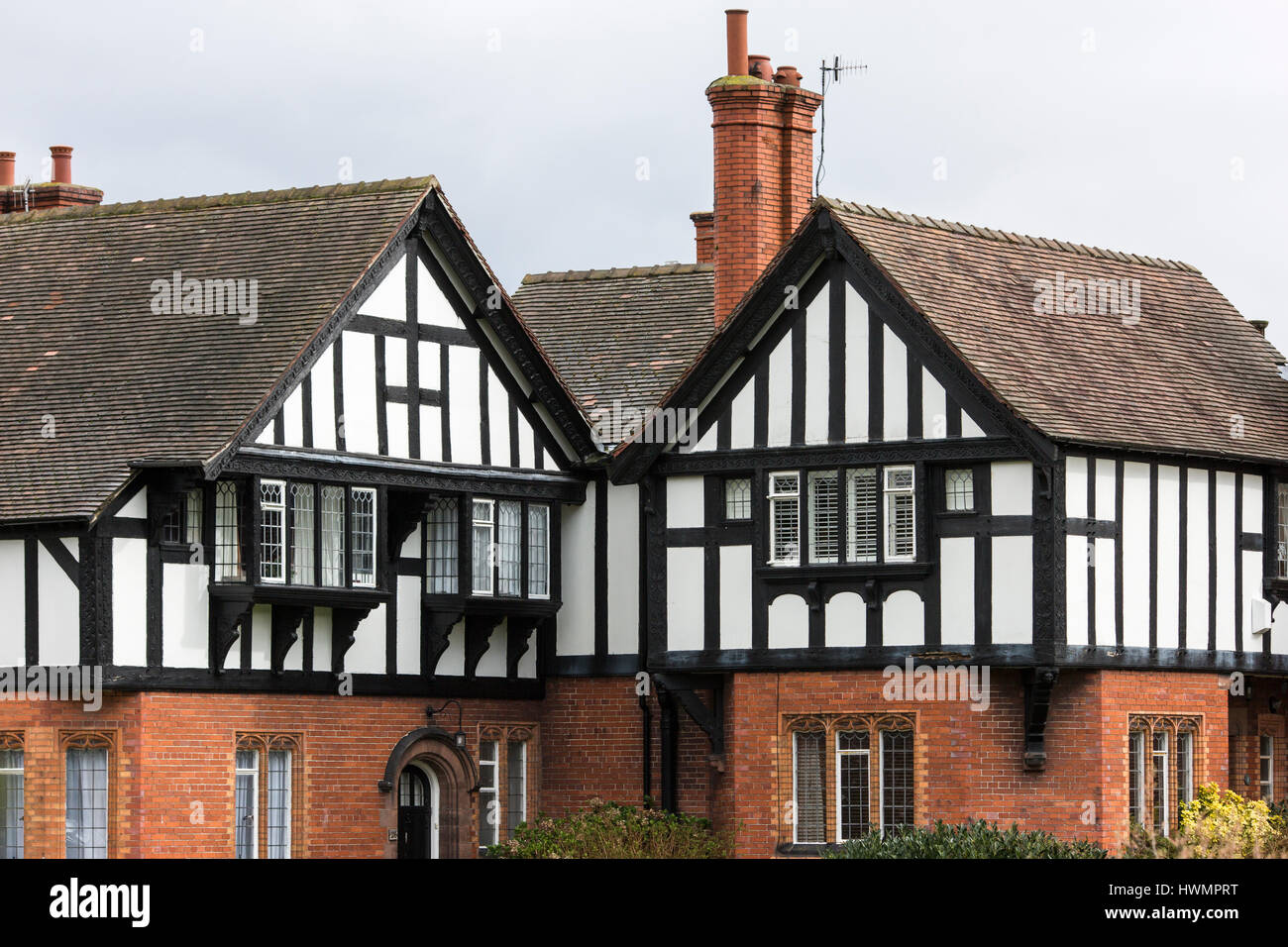 Port Sunlight - un modello di villaggio e borgo nel Metropolitan Borough of Wirral, Merseyside. In bianco e nero in stile tudor case Foto Stock