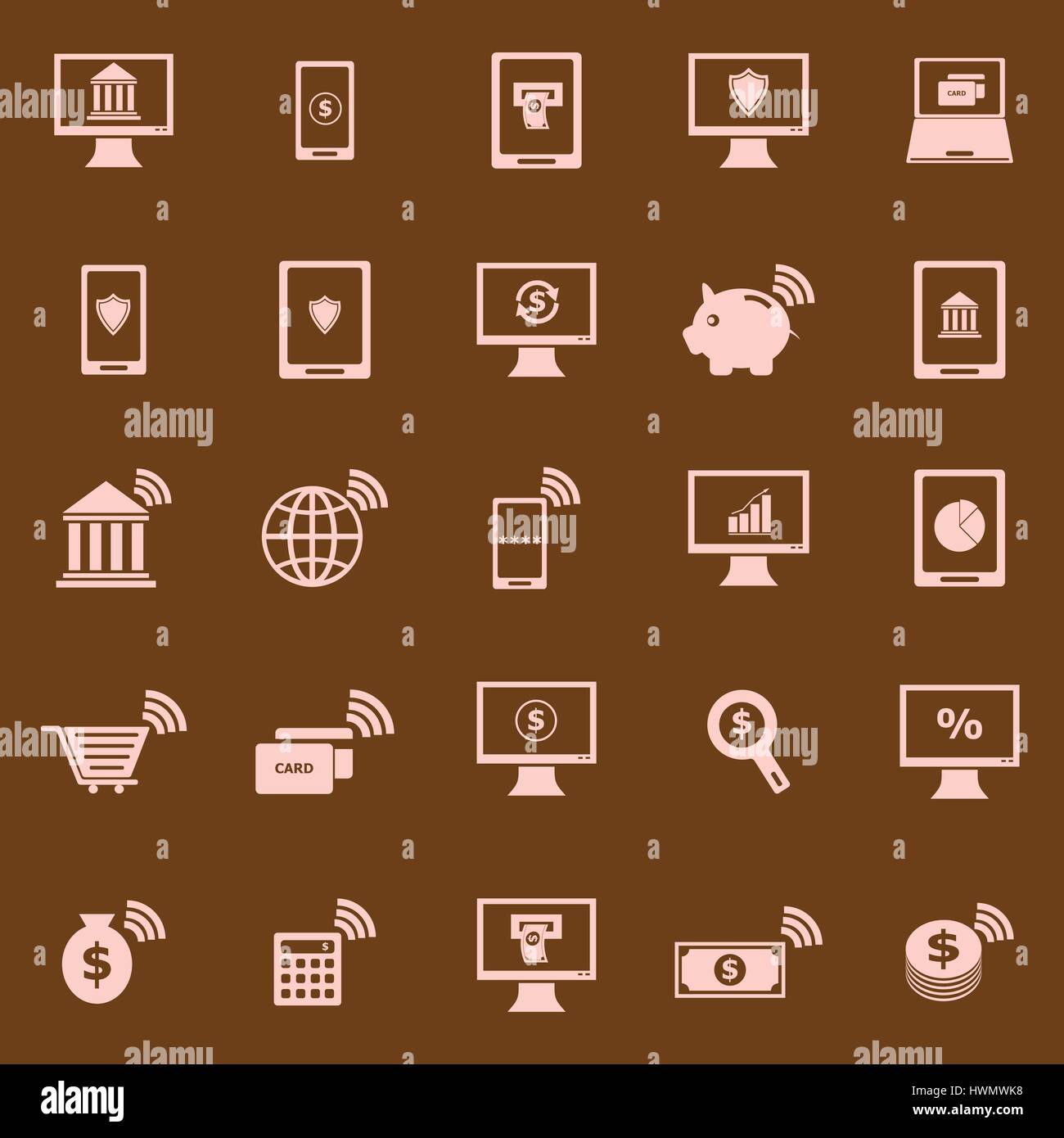 Online banking le icone a colori su sfondo marrone, vettore di stock Illustrazione Vettoriale
