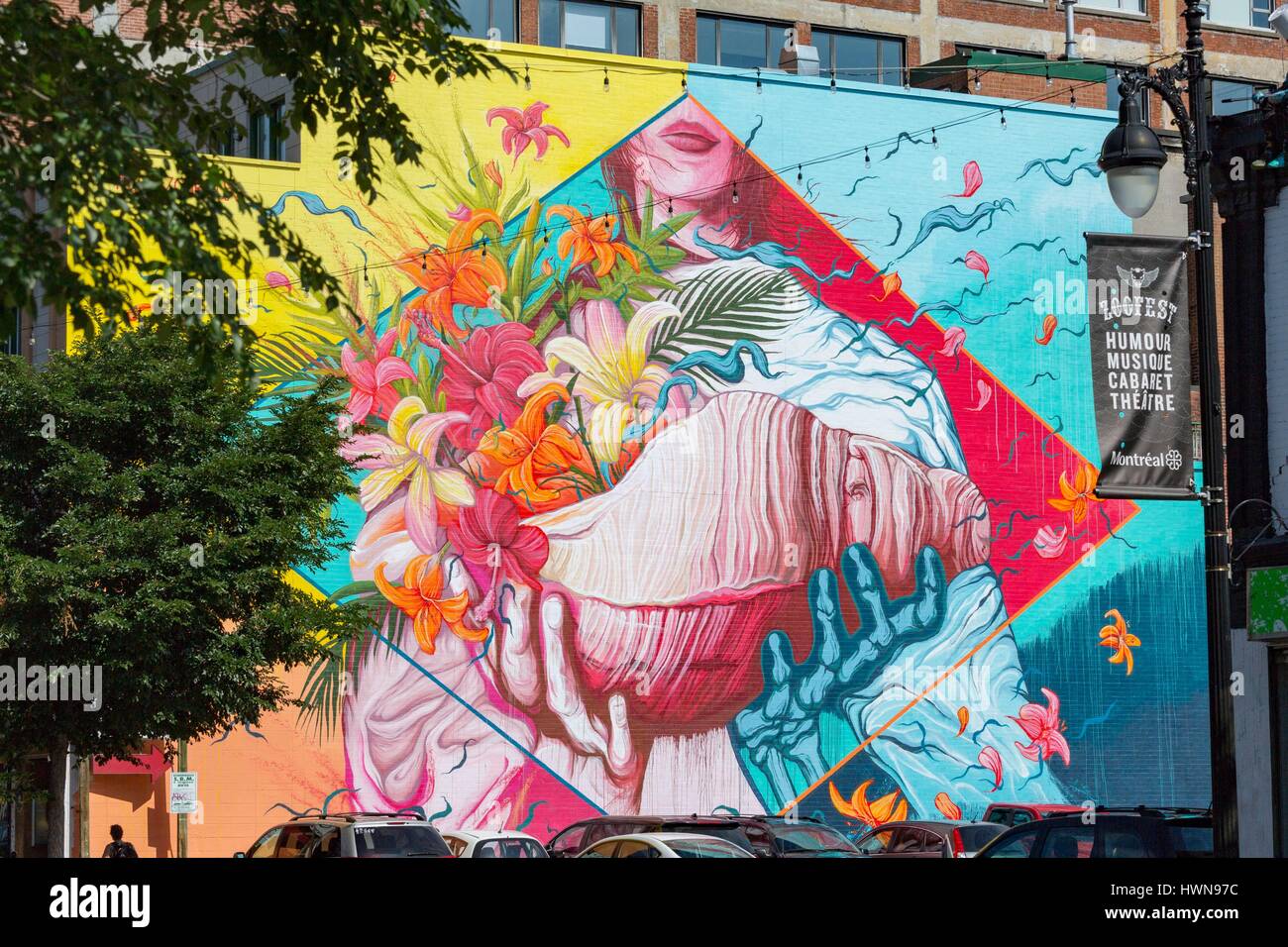 Canada, Provincia di Quebec, Montreal Meggs (Australia) murale festival 2016 David Hooke, noto come Meggs, nato nel 1978 a Melbourne, Australia. Questo artista impegnato è noto per la sua espressività e stile energico. Egli utilizza il colore e il movimento e lo combina con elementi di illustrazione che i riferimenti alla cultura pop, la natura ma anche socio-culturali. Egli è ispirato al mondo dei fumetti, science fiction libri, skateboard, e la musica heavy metal. Vive e lavora oggi in Los Angeles Foto Stock