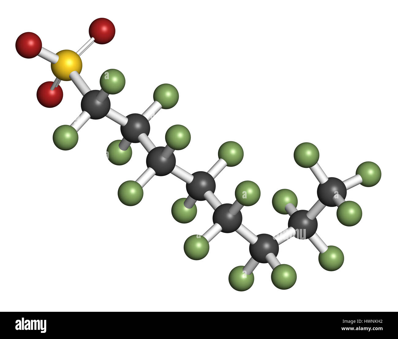 Perfluorooctanesulfonic (acido perfluoroottano solfonato, PFOS) inquinante organico persistente di molecola. Il rendering 3D. Gli atomi sono rappresentati come sfere w Foto Stock