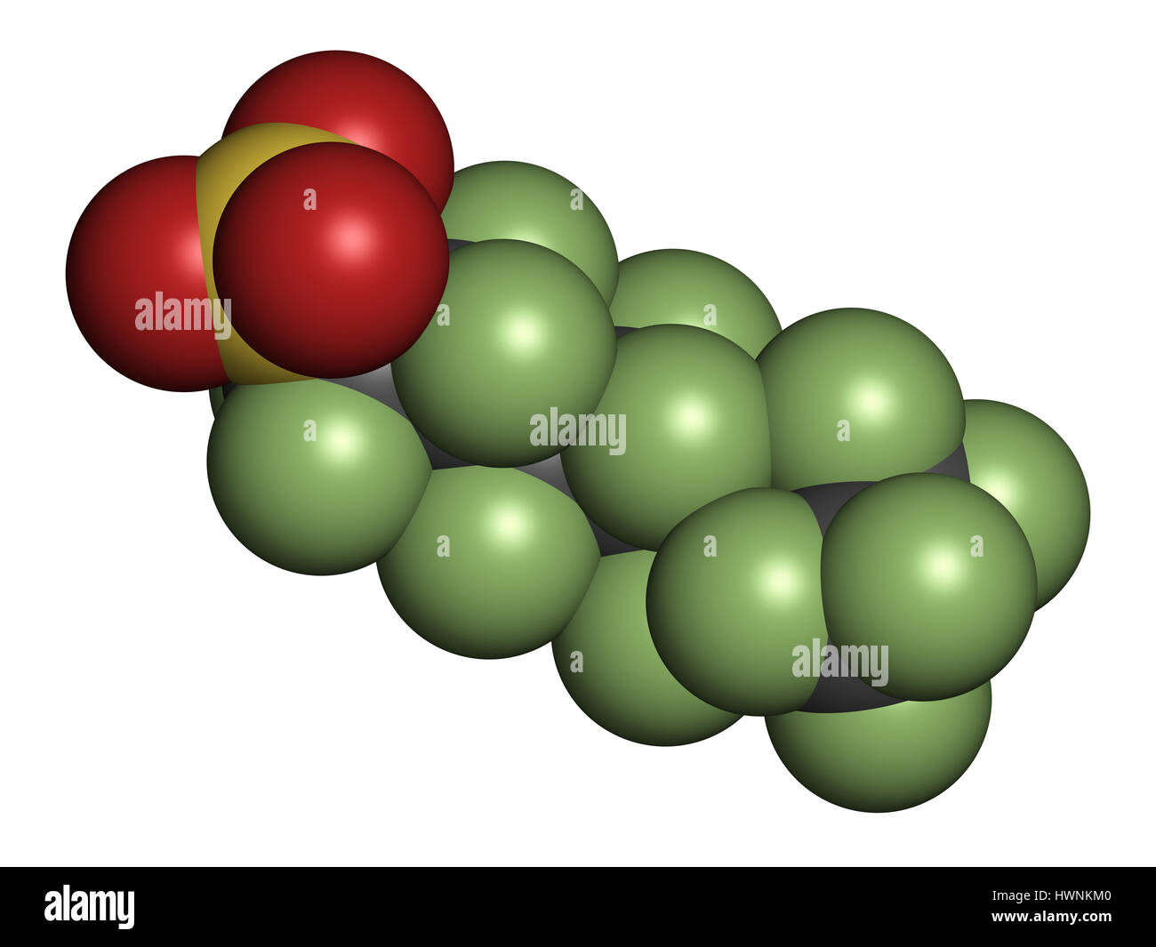 Perfluorooctanesulfonic (acido perfluoroottano solfonato, PFOS) inquinante organico persistente di molecola. Il rendering 3D. Gli atomi sono rappresentati come sfere w Foto Stock