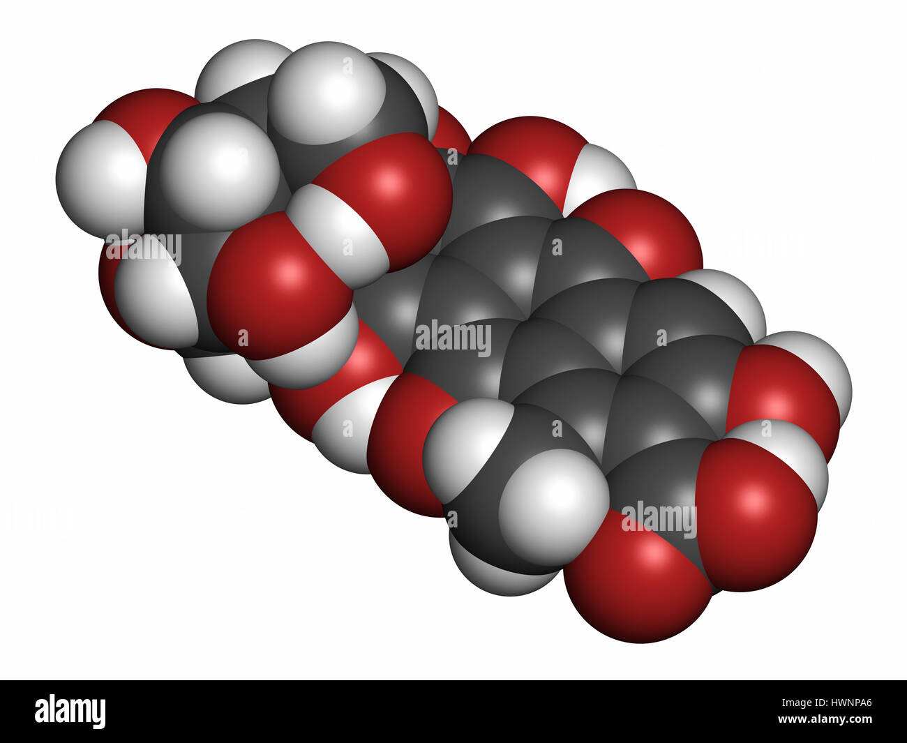 Acido Carminic molecola di pigmento. Avviene naturalmente con la cocciniglia (scala insetto). Il rendering 3D. Gli atomi sono rappresentati come sfere con colore convenzionale c Foto Stock