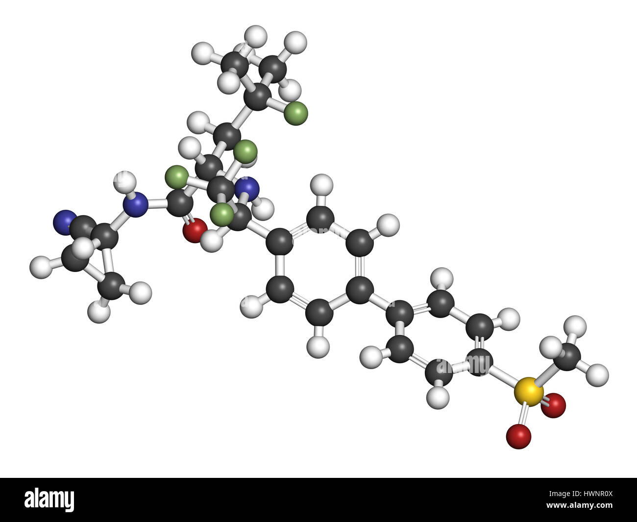 Odanacatib osteoporosi e metastasi ossee molecola di farmaco. Inibitore della catepsina K. il rendering 3D. Gli atomi sono rappresentati come sfere con convenzionali Foto Stock