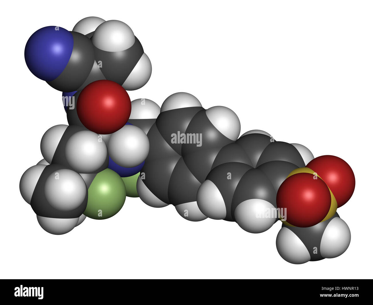 Odanacatib osteoporosi e metastasi ossee molecola di farmaco. Inibitore della catepsina K. il rendering 3D. Gli atomi sono rappresentati come sfere con convenzionali Foto Stock