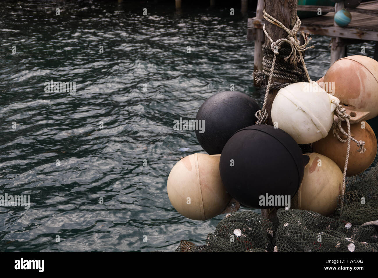 Gruppo di sferica parafanghi in barca e di boe con acqua oceanica al dock Foto Stock