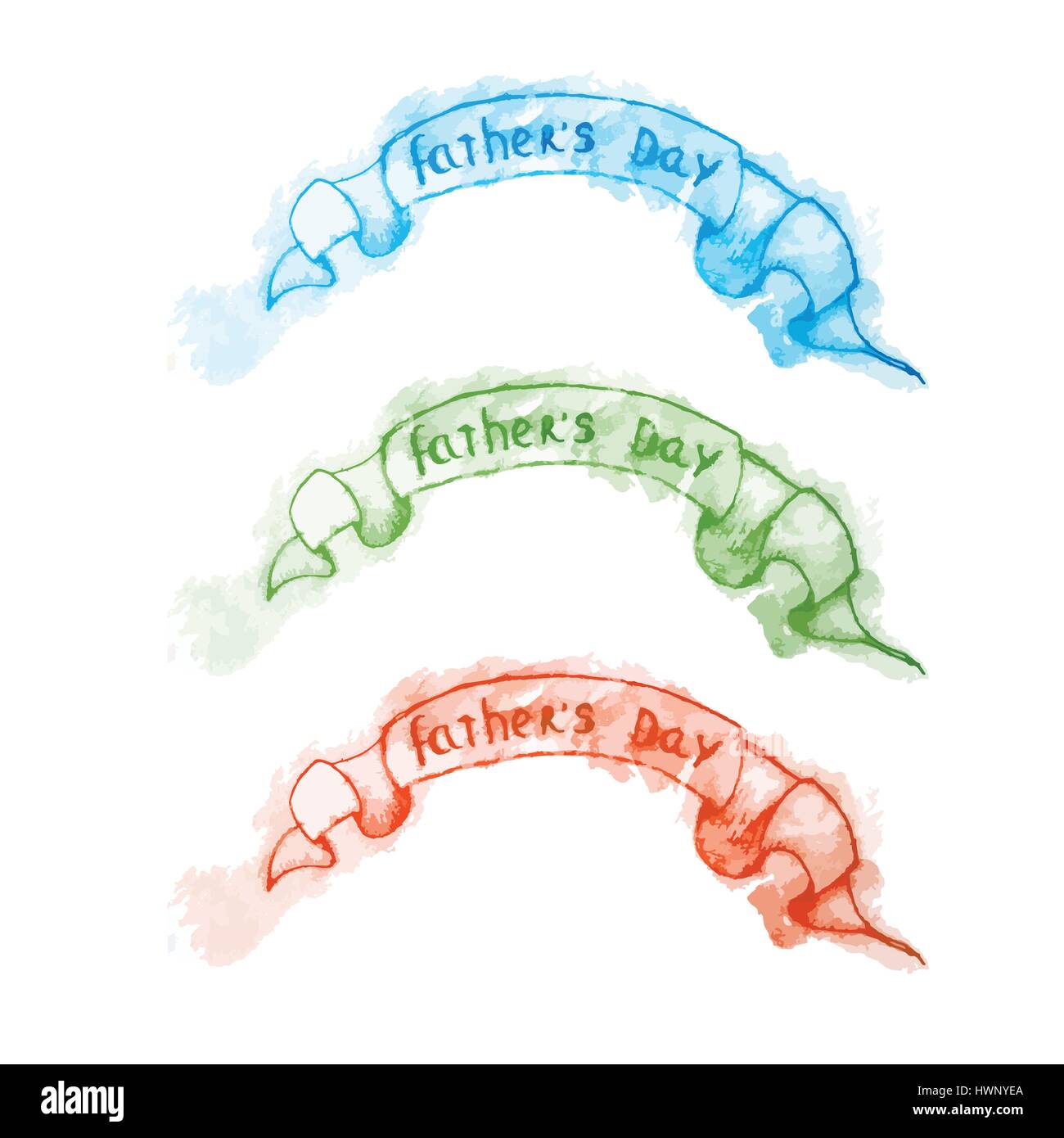 Felice giorno padri lettering con set di nastro di carta per biglietti di auguri. Padri giorno acquerello disegnato a mano illustrazione vettoriale EPS10. Illustrazione Vettoriale