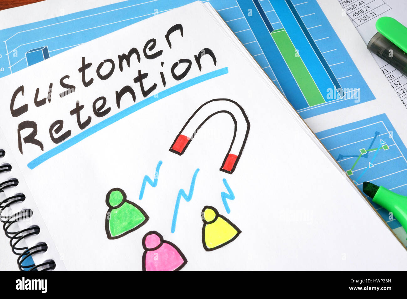 La fidelizzazione dei clienti scritto in un notebook e un marcatore. Foto Stock La fidelizzazione dei clienti scritto in un notebook e un marcatore. Foto Stock