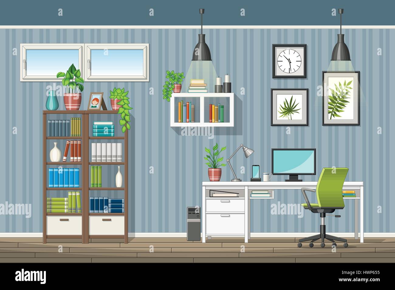 Illustrazione di equipaggiamento interno di un moderno home office Illustrazione Vettoriale