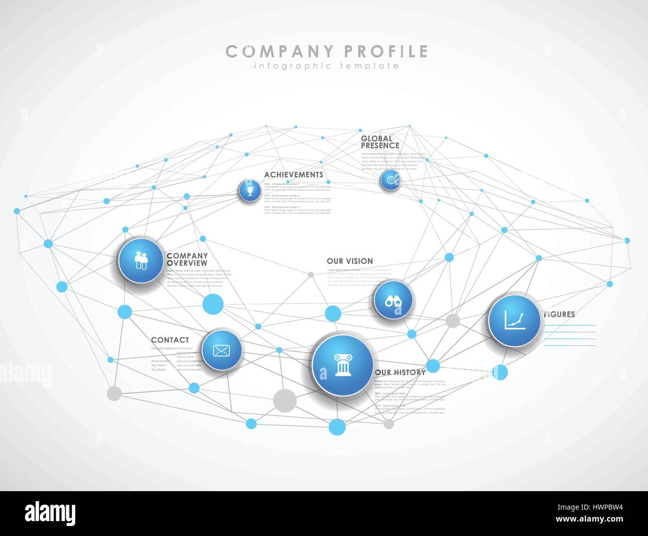 Profilo aziendale panoramica il modello con i cerchi blu e punti - versione light. Illustrazione Vettoriale