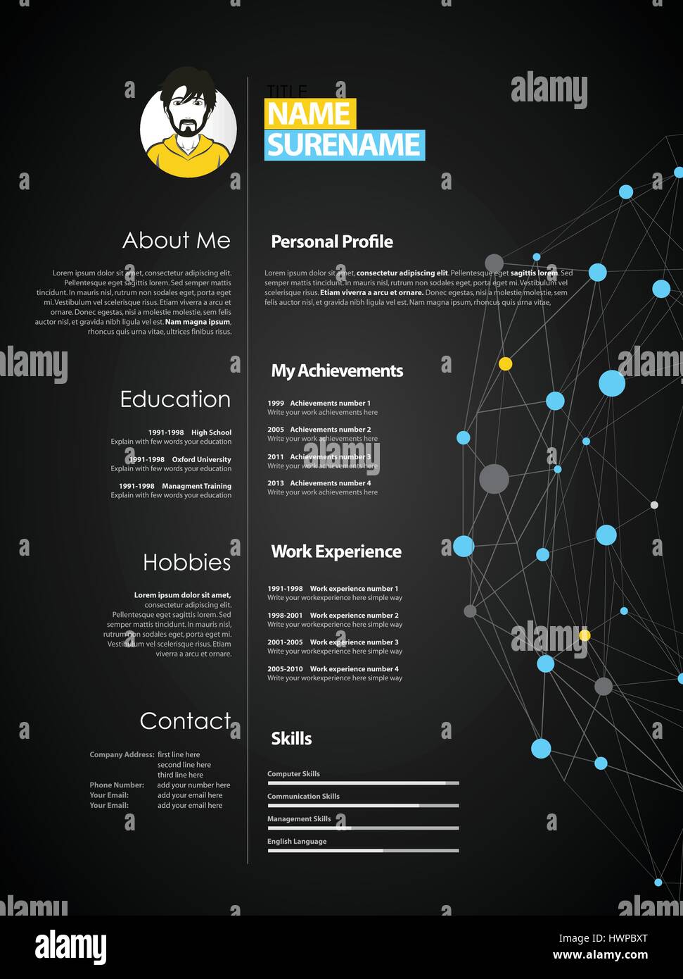 Creative semplice modello di curriculum vitae con blu e grigio cerchi e punti sul web - versione oscura Illustrazione Vettoriale