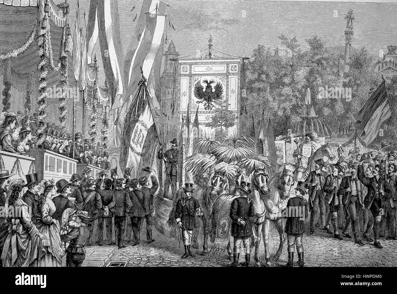 Il tedesco tiratori del Festival a Stoccarda, Tedesco federale di tiro, passando la bandiera federale, 1875, riproduzione di un originale xilografia a partire dall'anno 1882, digitale migliorata Foto Stock