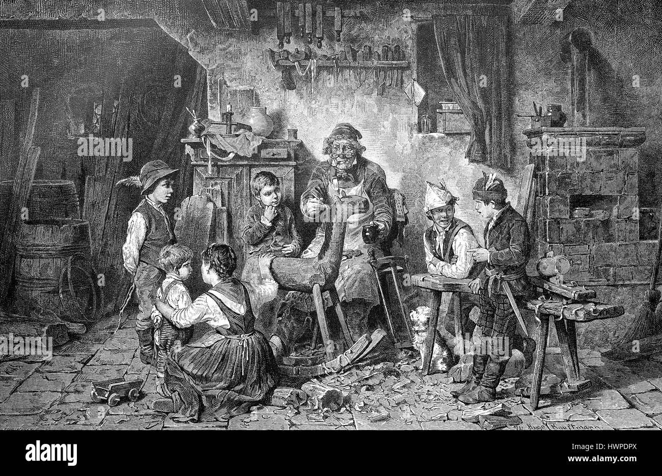 Preparazione artistica per il prossimo Natale, Schnitzer, intarsi, cavallo a dondolo, riproduzione di un originale xilografia a partire dall'anno 1882, digitale migliorata Foto Stock