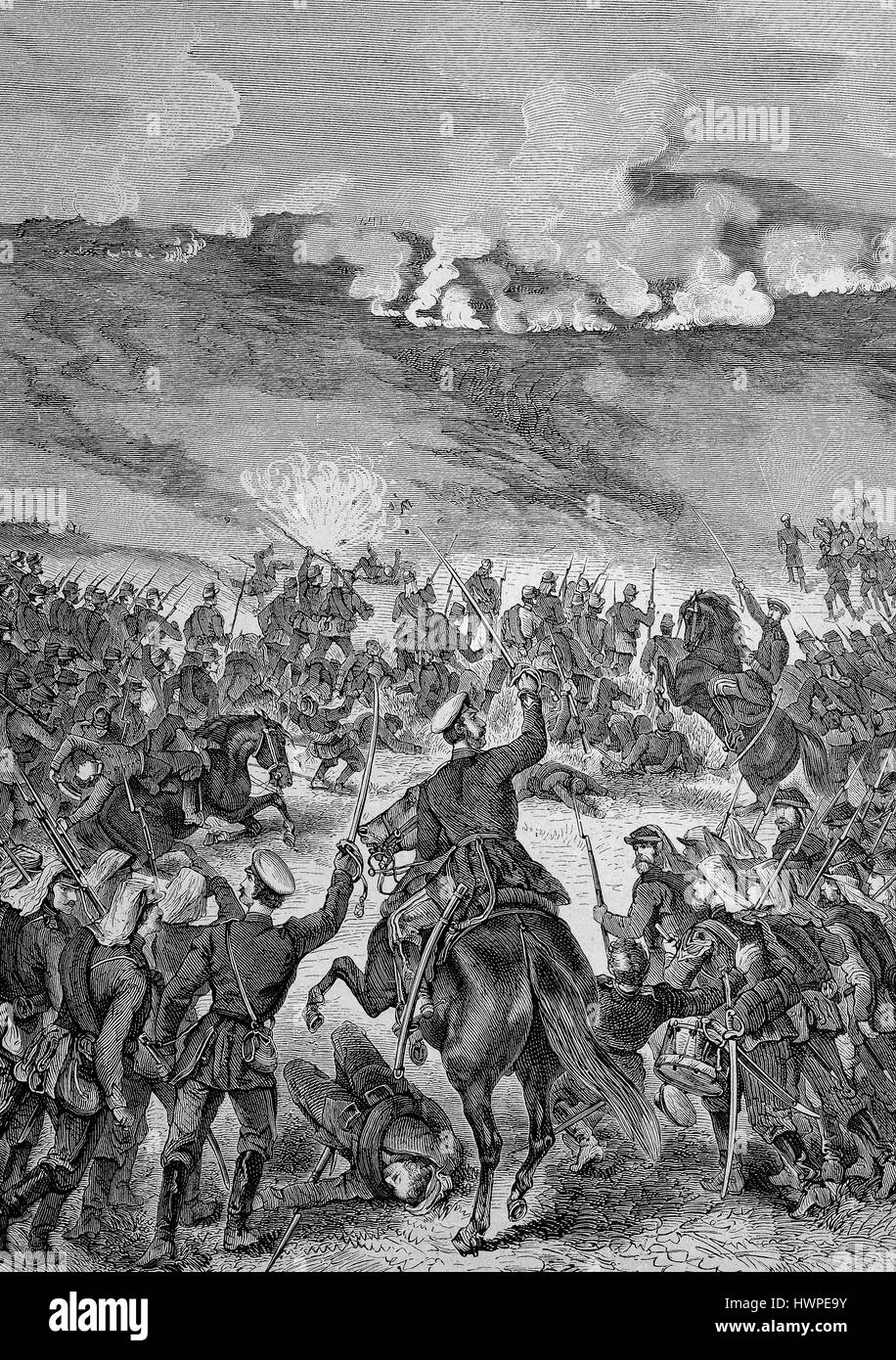 La battaglia di Pleven, Plewna, 1877, nella battaglia di Pleven durante il Russo guerra turco il Russo e Rumeno forze ha tentato tre volte invano di prendere la città, la riproduzione di un originale xilografia a partire dall'anno 1882, digitale migliorata Foto Stock