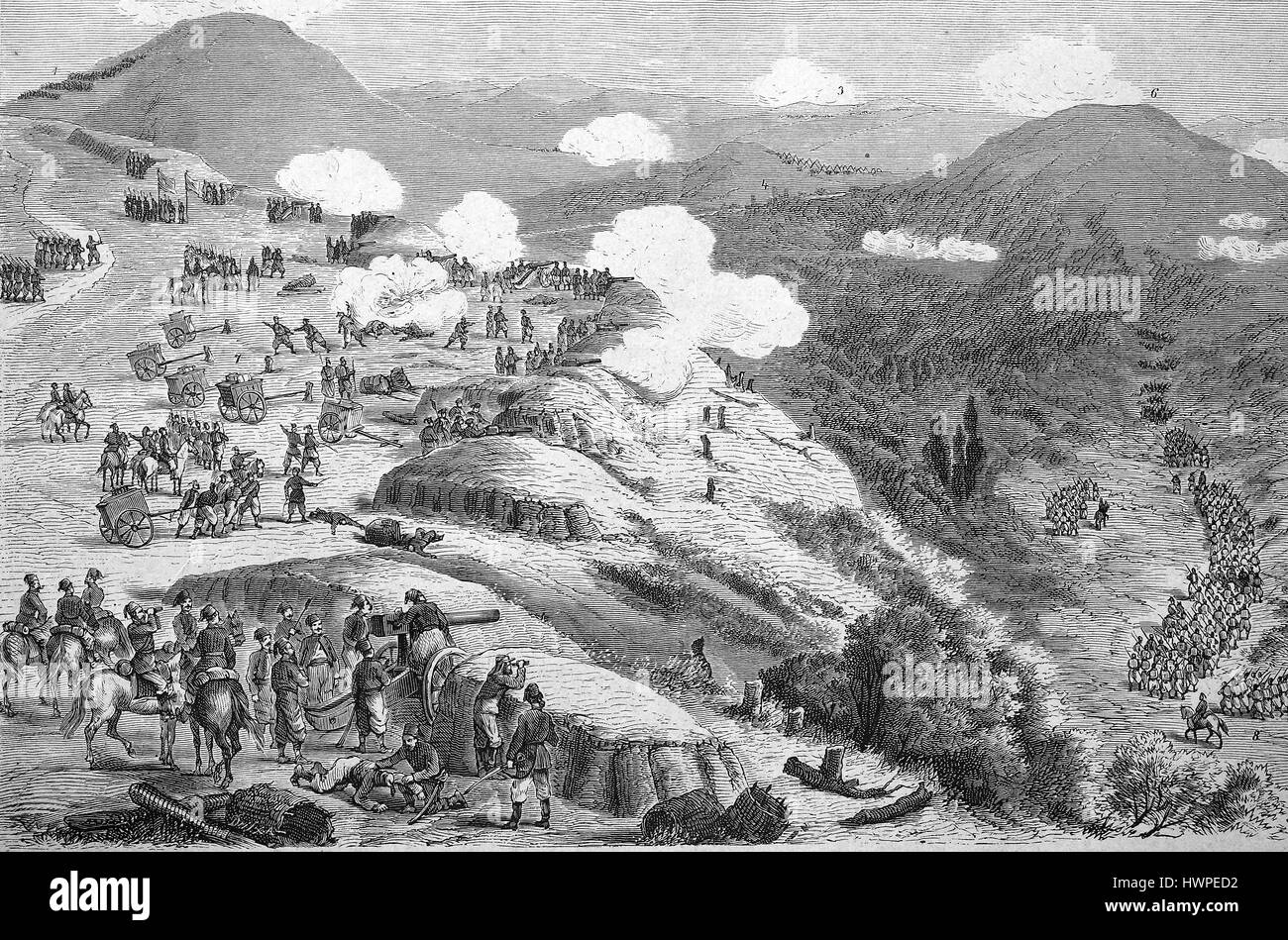 Attacco principale dei turchi al russo posizioni sulla Schipkapass. Chiamata la battaglia di Shipka, diverse battaglie conosciuta come la battaglia di Schipkapass, effettuata in estate 1877 primavera 1878, durante il Russo turco di guerra 1877-1878, riproduzione di un originale xilografia a partire dall'anno 1882, digitale migliorata Foto Stock