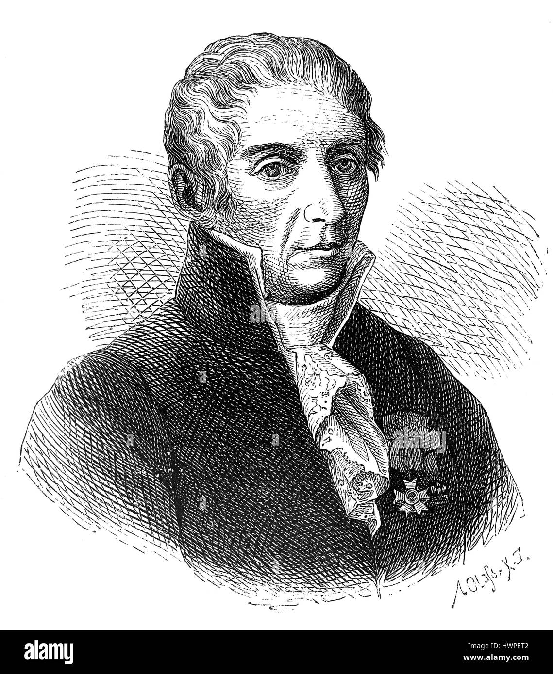 Alessandro Volta (1745-1827). Fisico italiano, farmacia e pionner di elettricità. Incisione, 1883. Foto Stock