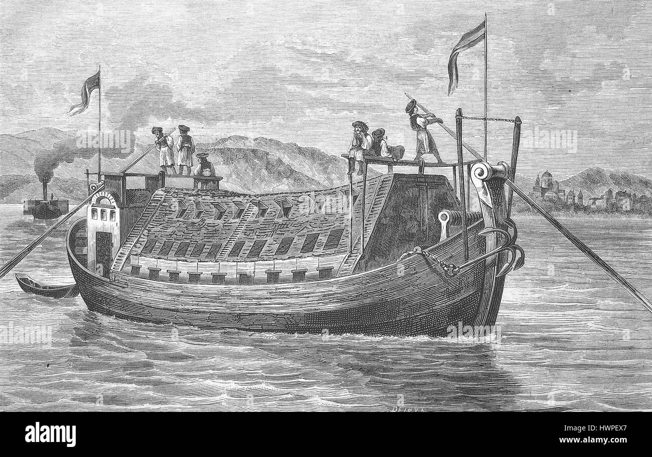 Grano ungherese nave sul Danubio, Ungheria, riproduzione di un originale xilografia a partire dall'anno 1882, digitale migliorata Foto Stock