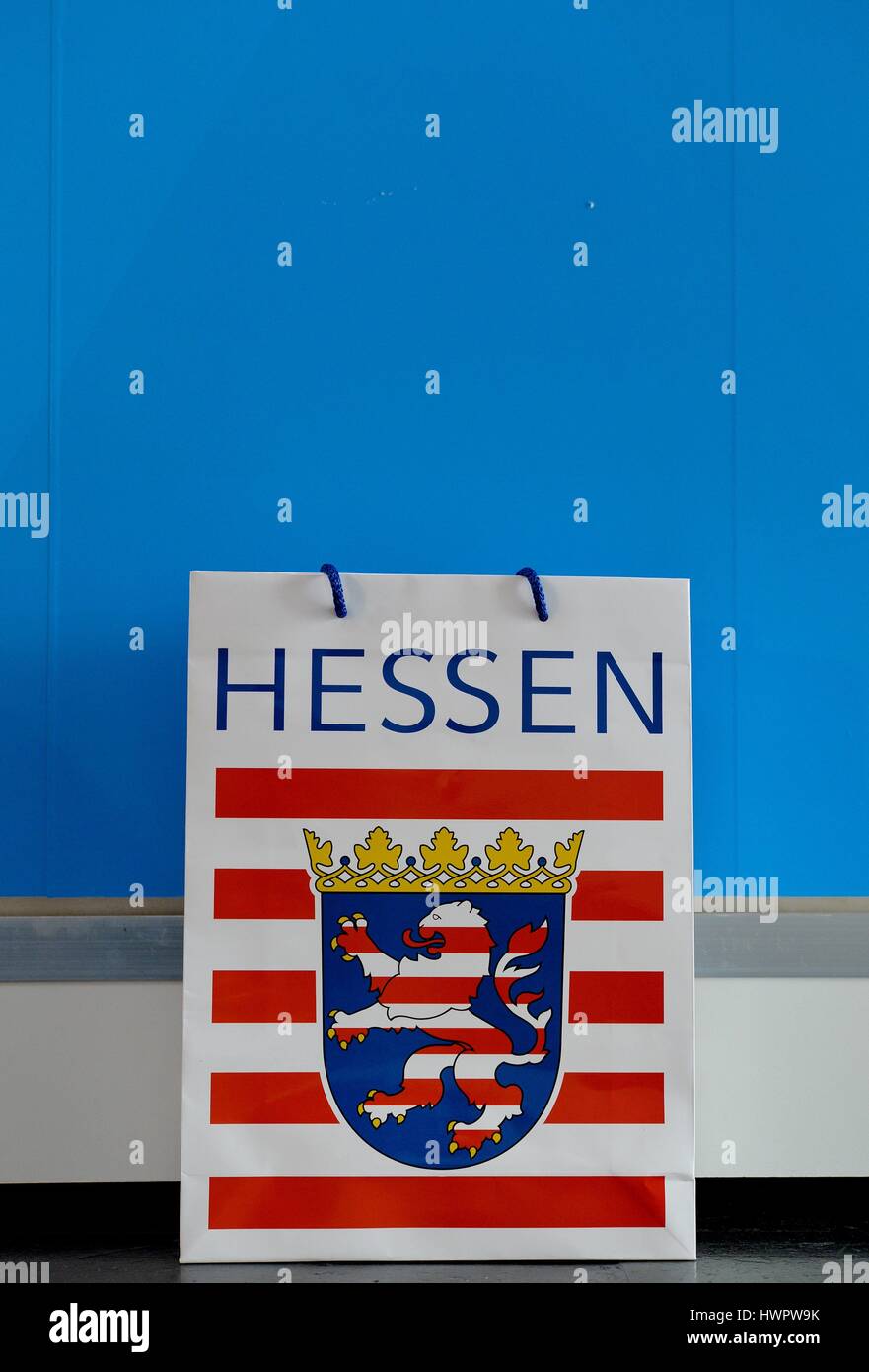 Hannover, Germania. Xxi Mar, 2016. Un paperbag del Land federale Hesse alla fiera CeBit, la Germania, la città di Hannover, 21. Marzo 2017. Foto: Frank può | in tutto il mondo di utilizzo/dpa/Alamy Live News Foto Stock