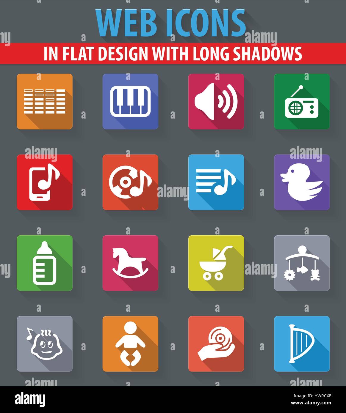 Giocattoli per bambini web icone nel design piatto con ombre lunghe Illustrazione Vettoriale