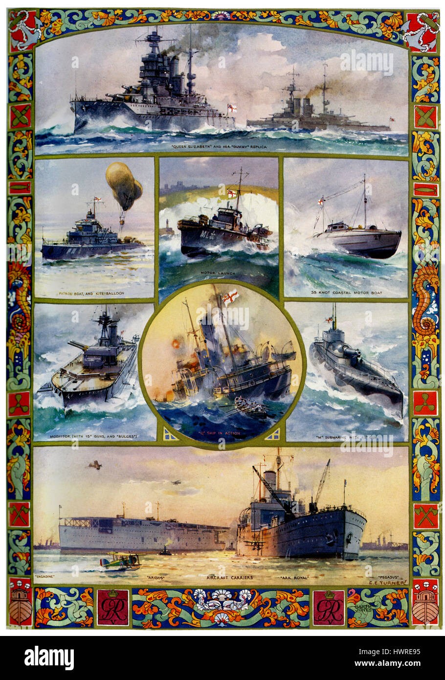 British navi da guerra della Prima Guerra Mondiale. L-r dall'alto: la Regina Elisabetta ed il suo "false" replica, imbarcazione di pattuglia e kite palloncino, il motore di lancio, 35 nodo costiere barca a motore, Monitor con 15' pistole e 'rigonfiamenti', 'Q' nave in azione, 'M' sommergibile con 12' pistola, Engadina, Argus, portaerei, Ark Royal, Pegasus. Illustrazione dopo dipinti dal C.E. Turner. Foto Stock
