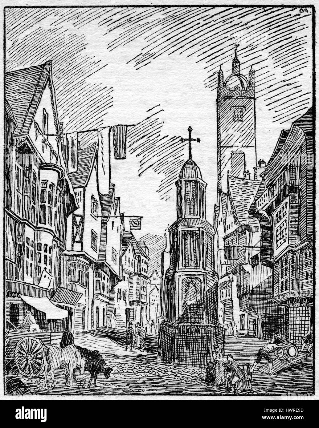Cheapside, con la croce e la vecchia chiesa di prua, London, 1640 Foto Stock