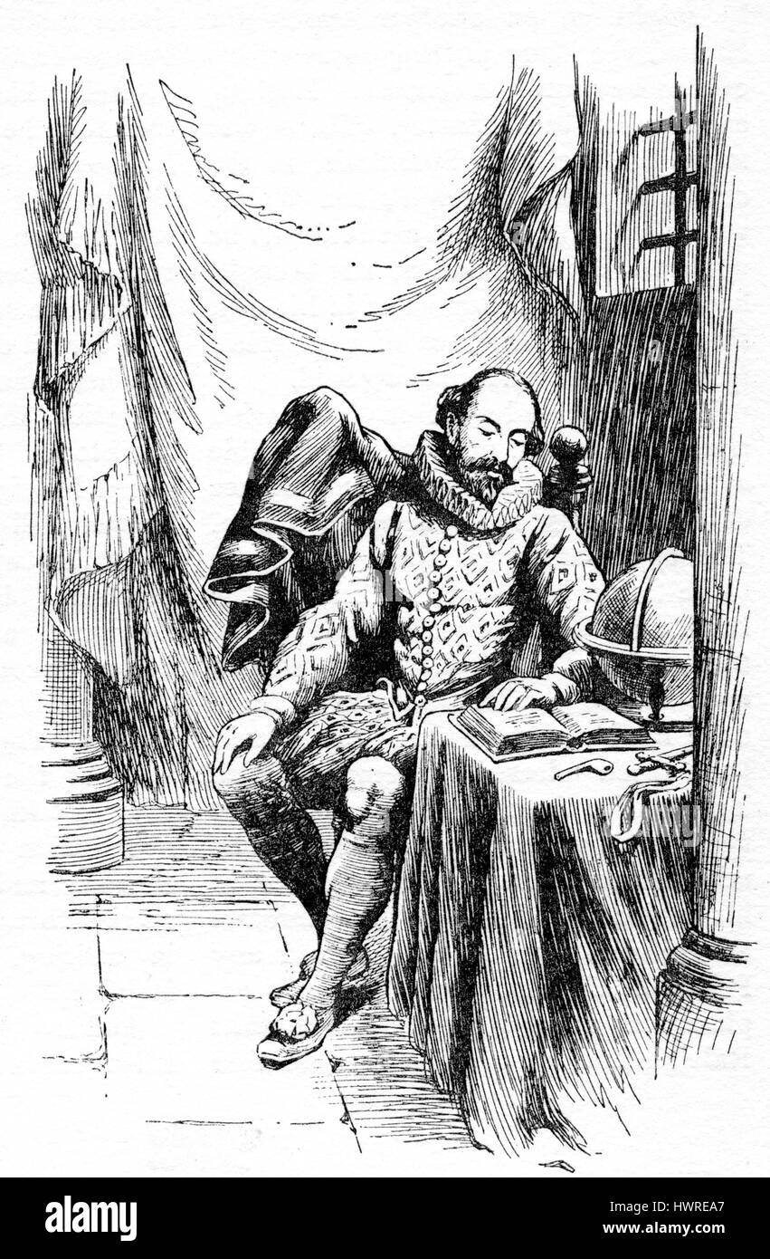 Sir Walter Raleigh imprigionato nel Bloody Tower, Torre di Londra (1603 - 1616) Foto Stock