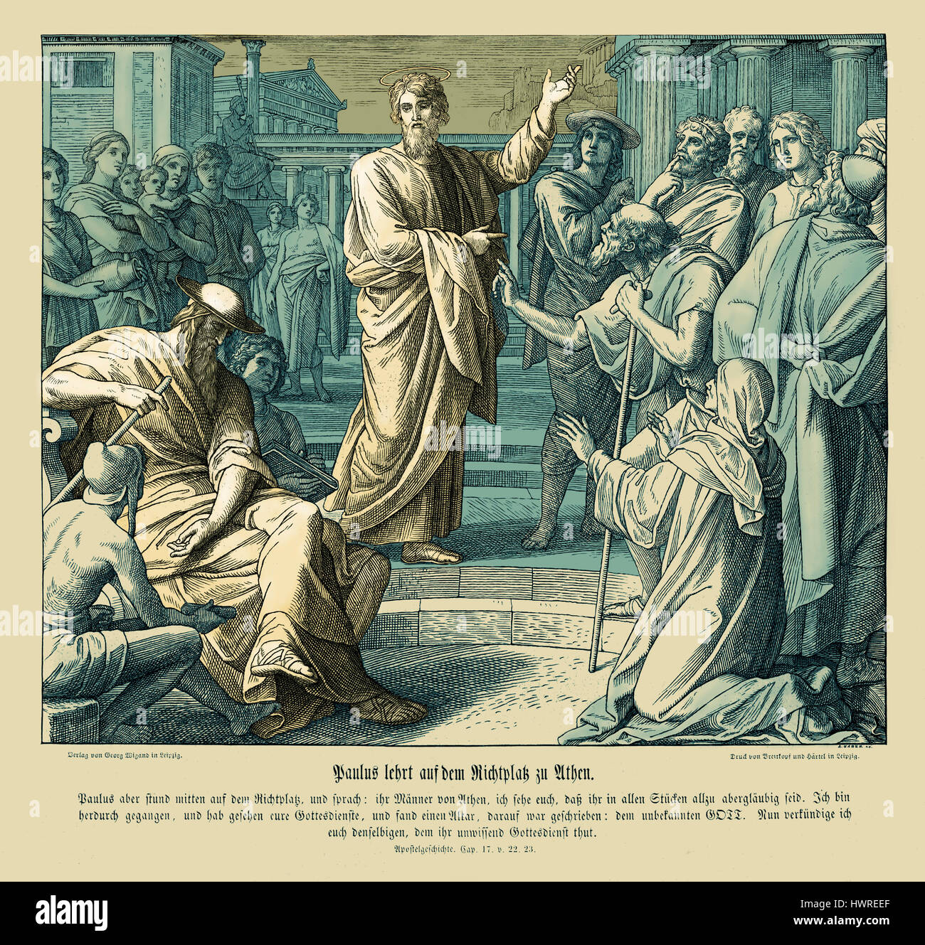 Paolo predica in Atene, atti capitolo XVII versetti 22 - 23 Allora Paolo, stando in piedi in mezzo all'Areopago, disse: "Voi uomini di Atene, vedo che in tutto siete troppo superstiziosi. Per come ho superato da, e contemplando la tua devozioni, ho trovato un altare con l'iscrizione: AL DIO SCONOSCIUTO. Chi dunque voi ignaro culto, lui dichiarare io per voi.' illustrazione 1852-60 da Julius Schnorr von Carolsfeld Foto Stock