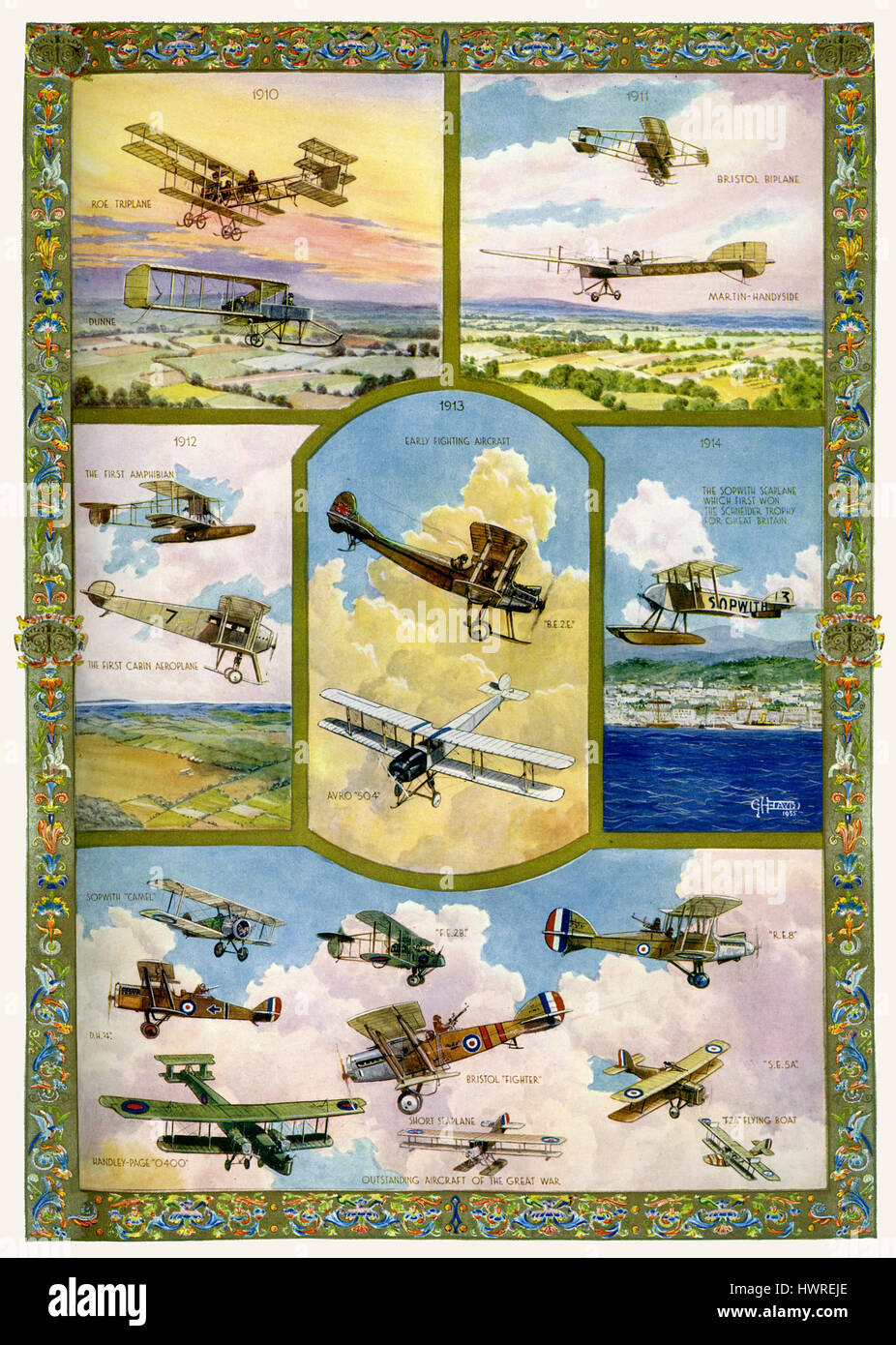 I progressi dell' aviazione 1910 - 1918. 1910: Roe triplano e Dunne. 1911: Bristol biplano, Martin-Handyside. 1912: il primo anfibio, il primo aereo di cabina. 1913: primi combattimenti aerei essere2E e Avro 504. 1914: Sopwith idrovolante. Aeromobili in sospeso della Grande Guerra: Sopwith Camel, FE2B, RE8, DH4, Bristol Fighter, SE5A, Handley-Page 0400, breve idrovolante, F2A Flying Boat. Foto Stock