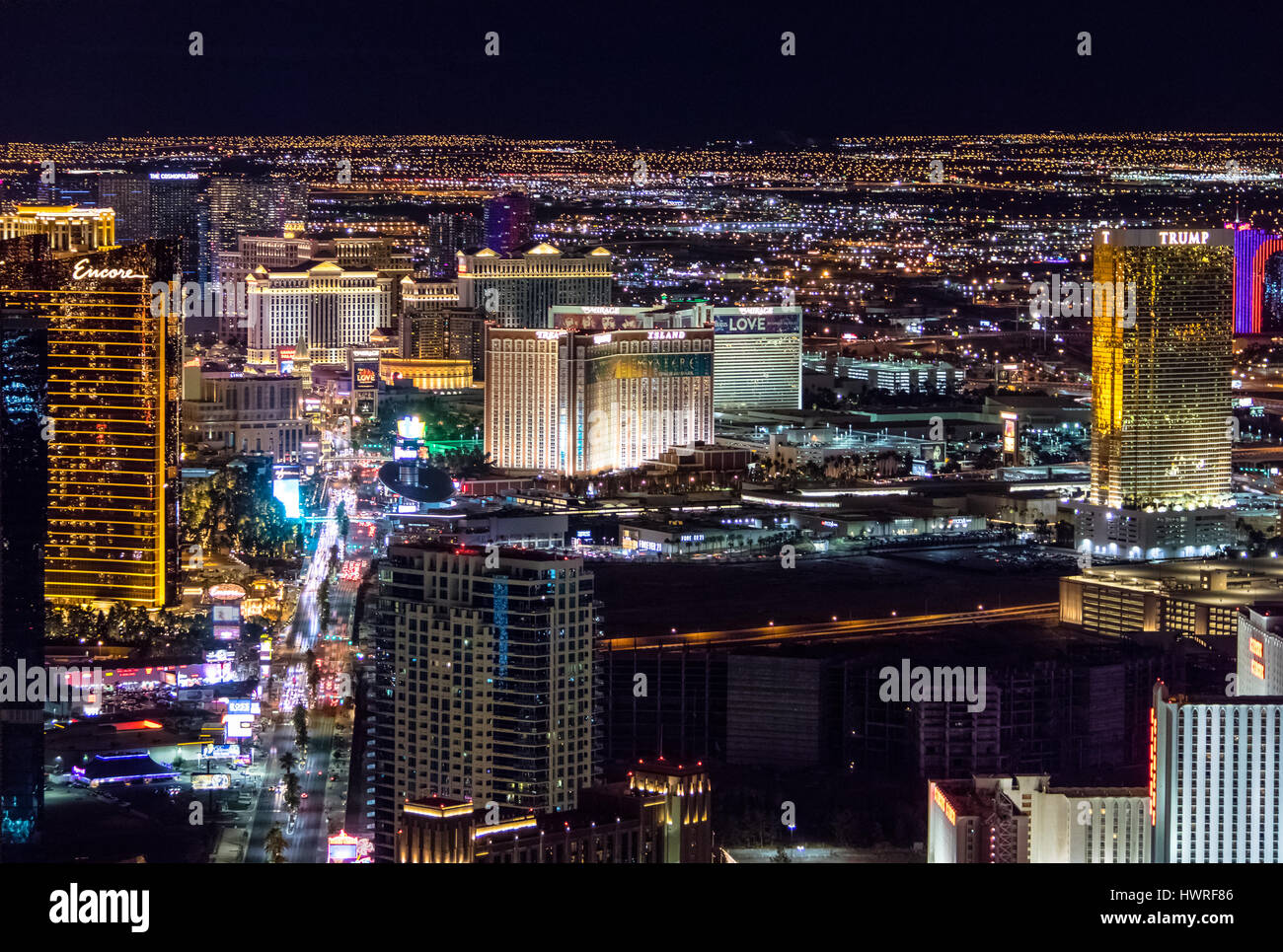 Vista aerea del Las Vegas Strip di notte - Las Vegas, Nevada, STATI UNITI D'AMERICA Foto Stock