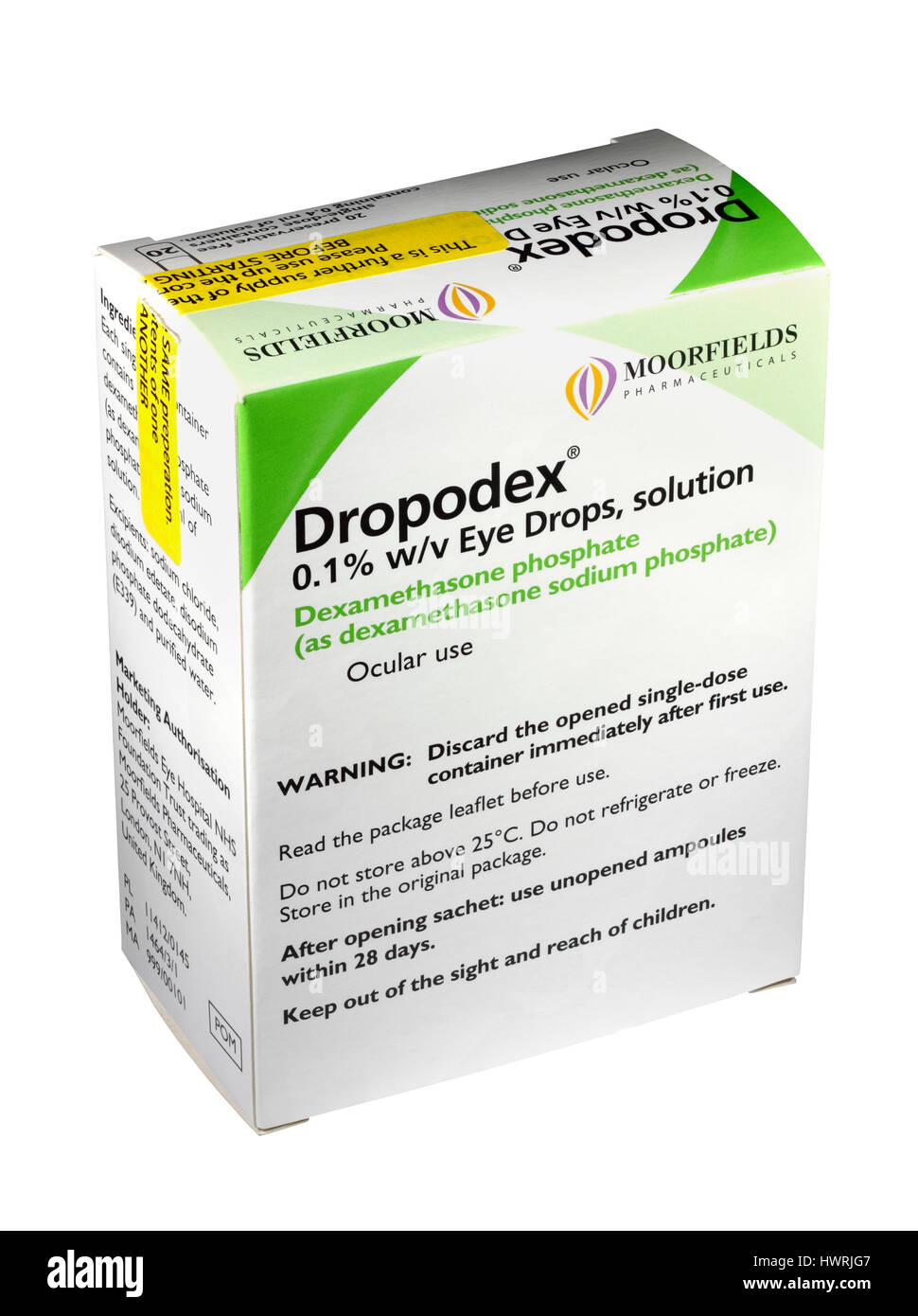 Una scatola di 20 Dropodex 0,1% dexametasone sodio fosfato in dose singola collirio soluzione 0,4 ml fiale / flaconi capsule / / / pipette contagocce per Foto Stock