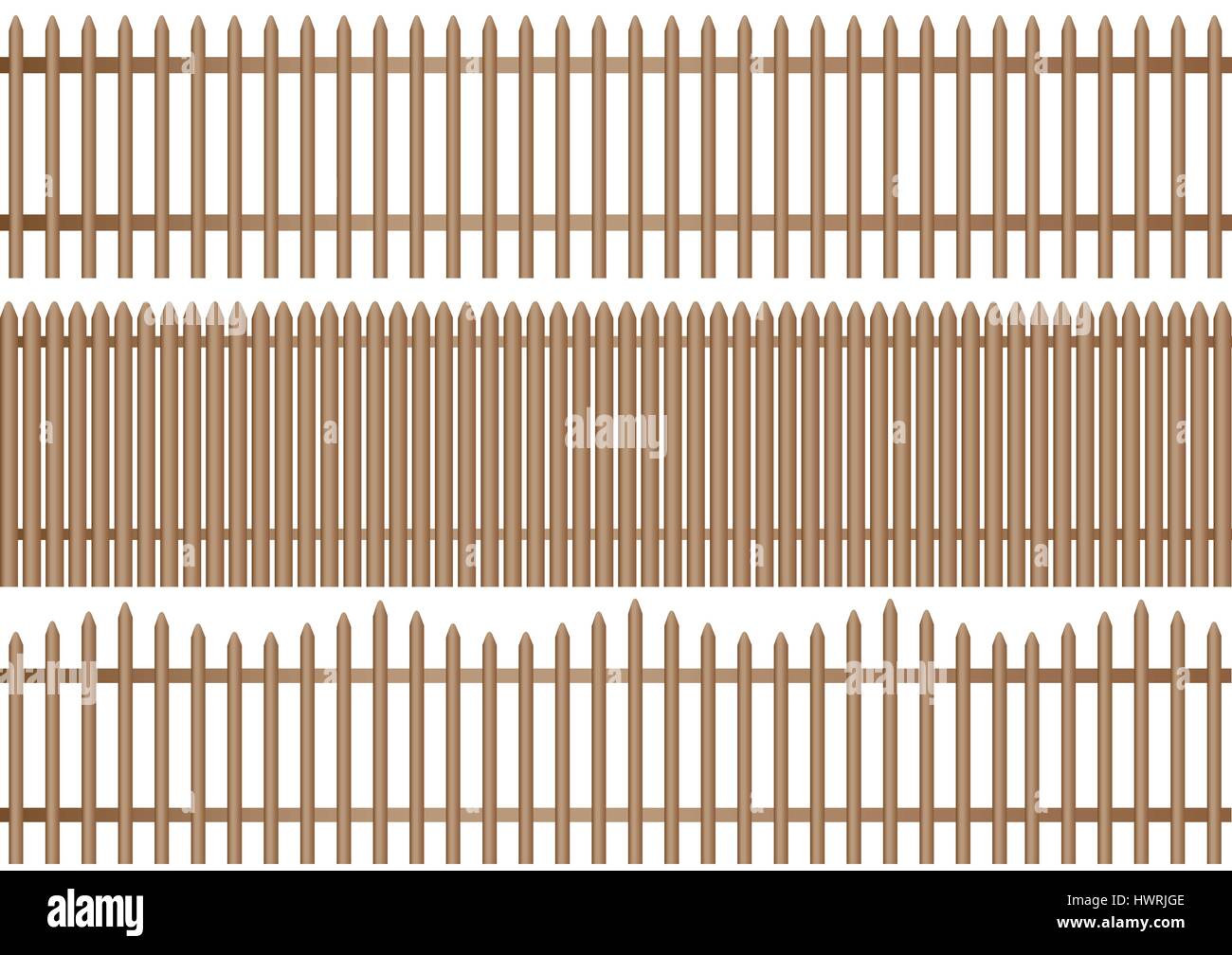 Un set di tre differenti di picchetti in legno recinto su sfondo bianco Illustrazione Vettoriale