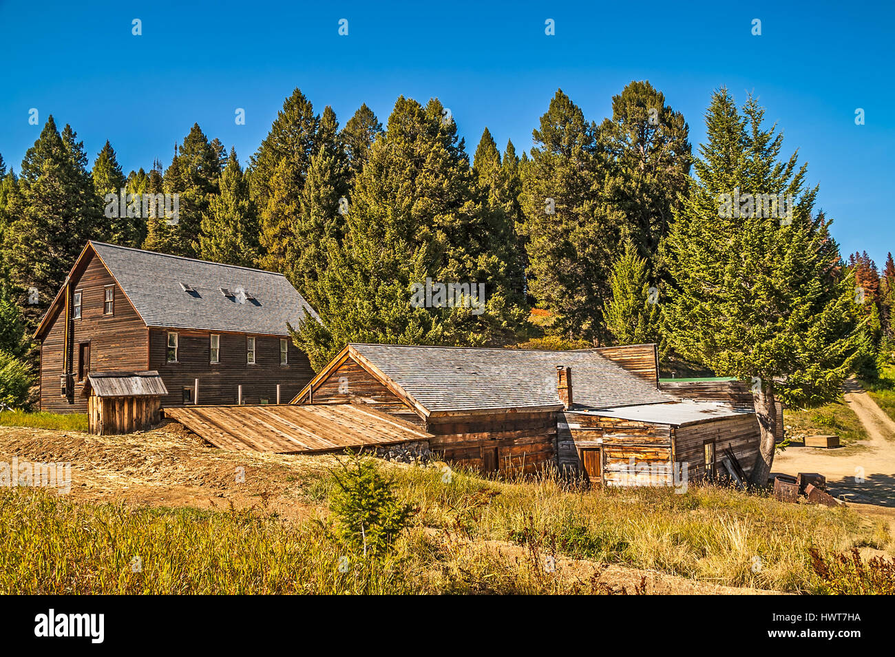 Gli edifici che sono stati conservati per salvare la storia di una città mineraria nelle montagne del Montana Foto Stock