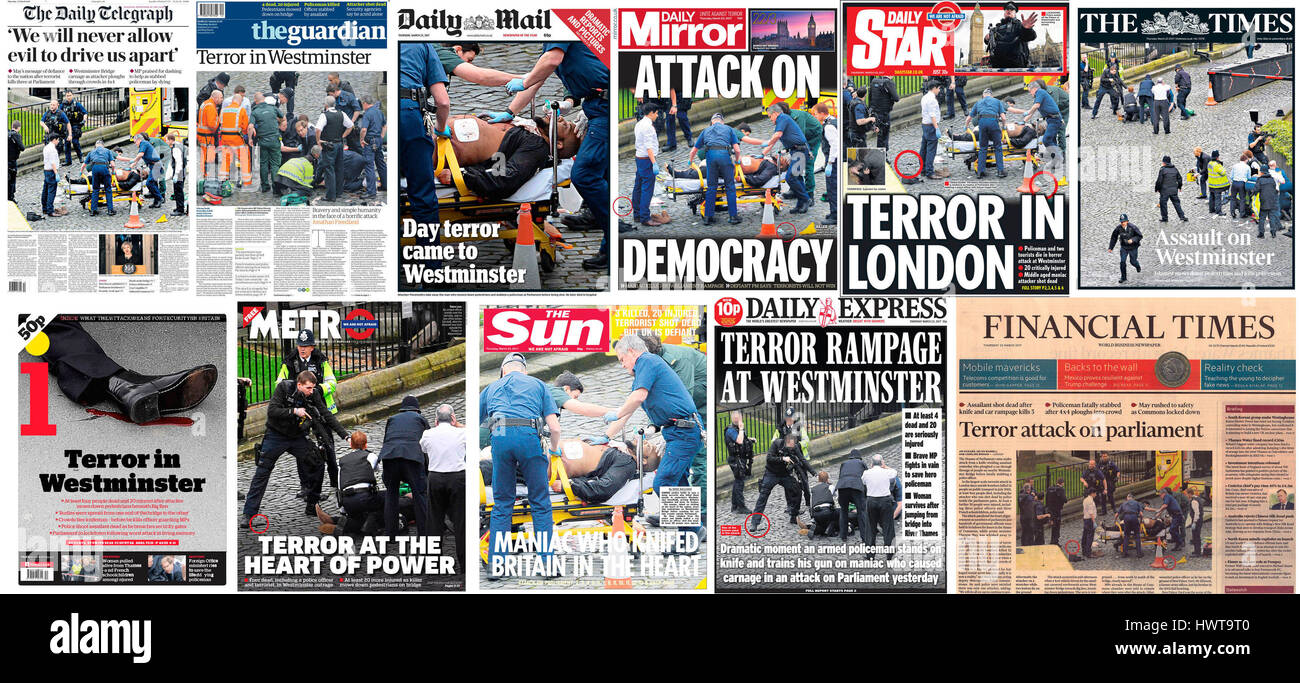 Le prime pagine dei quotidiani nazionali il giorno dopo un attacco terroristico contro il Palazzo di Westminster dove funzionario di polizia Keith Palmer e tre membri del pubblico è morto e il pirata informatico è stato ucciso. Foto Stock
