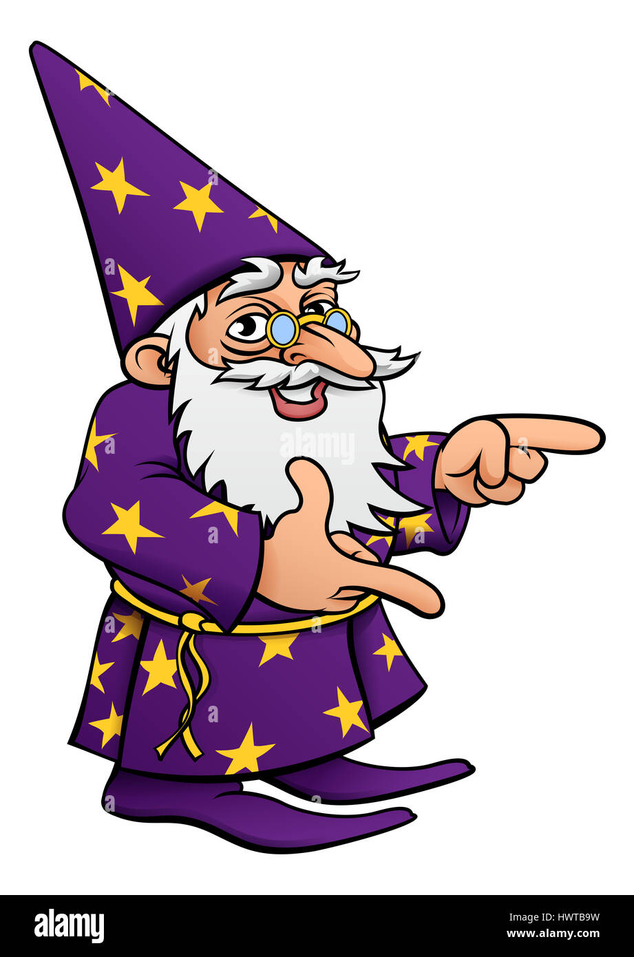 Un cartoon carino wizard mascotte di puntamento di caratteri Foto Stock