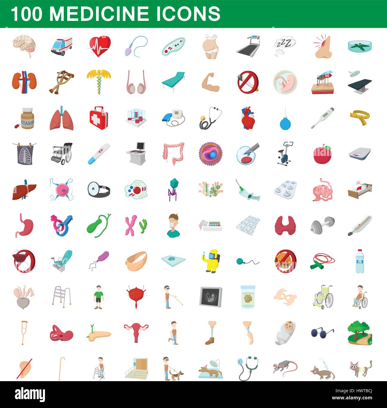 Medicina 100 set di icone, stile cartoon Illustrazione Vettoriale